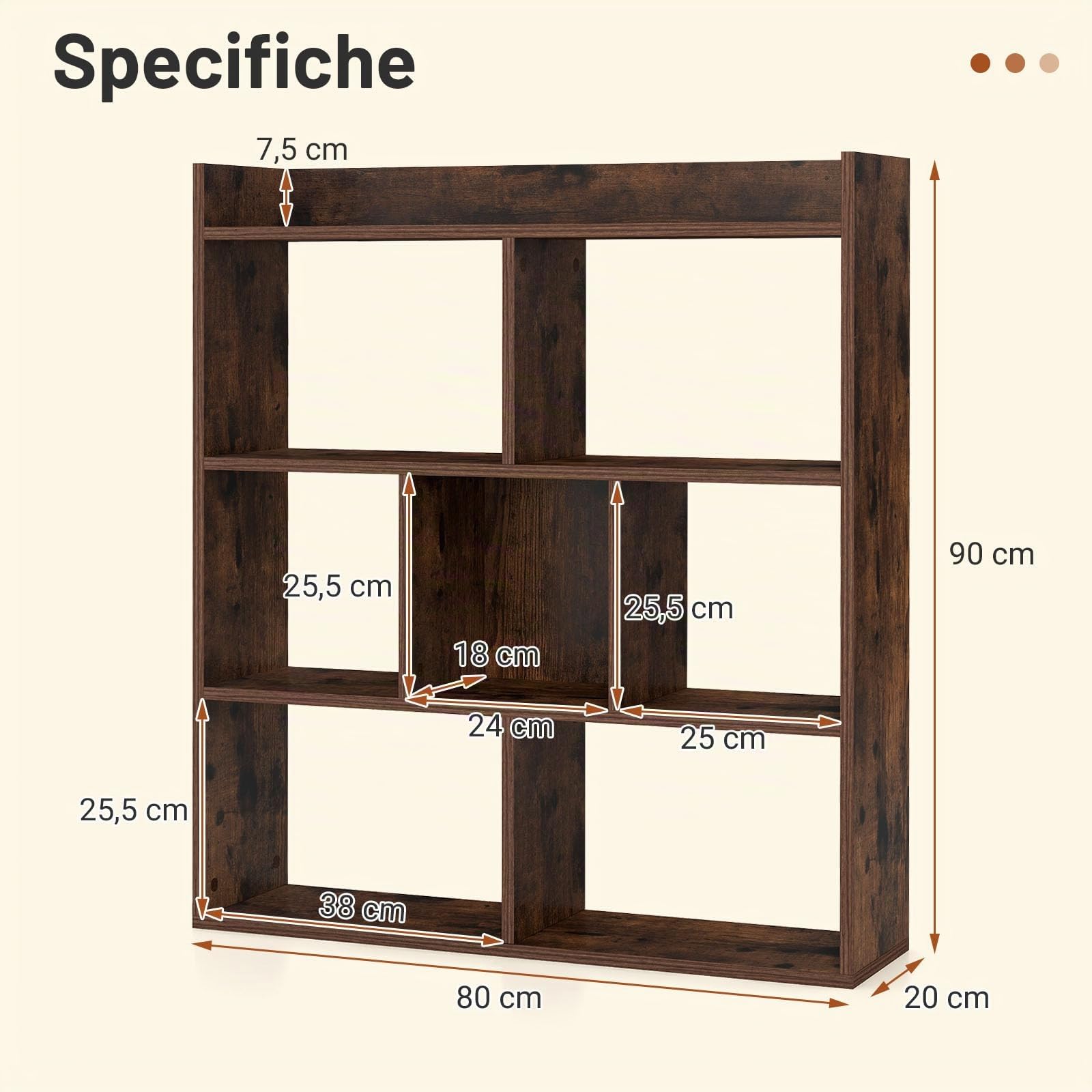 COSTWAY Libreria a Cubi con 7 Scomparti, Mensola Espositiva per l'Archiviazione, Libreria in Legno con Dispositivi Anti-Ribaltamento, per Studio Soggiorno, 80x20x90 cm (Caffè)