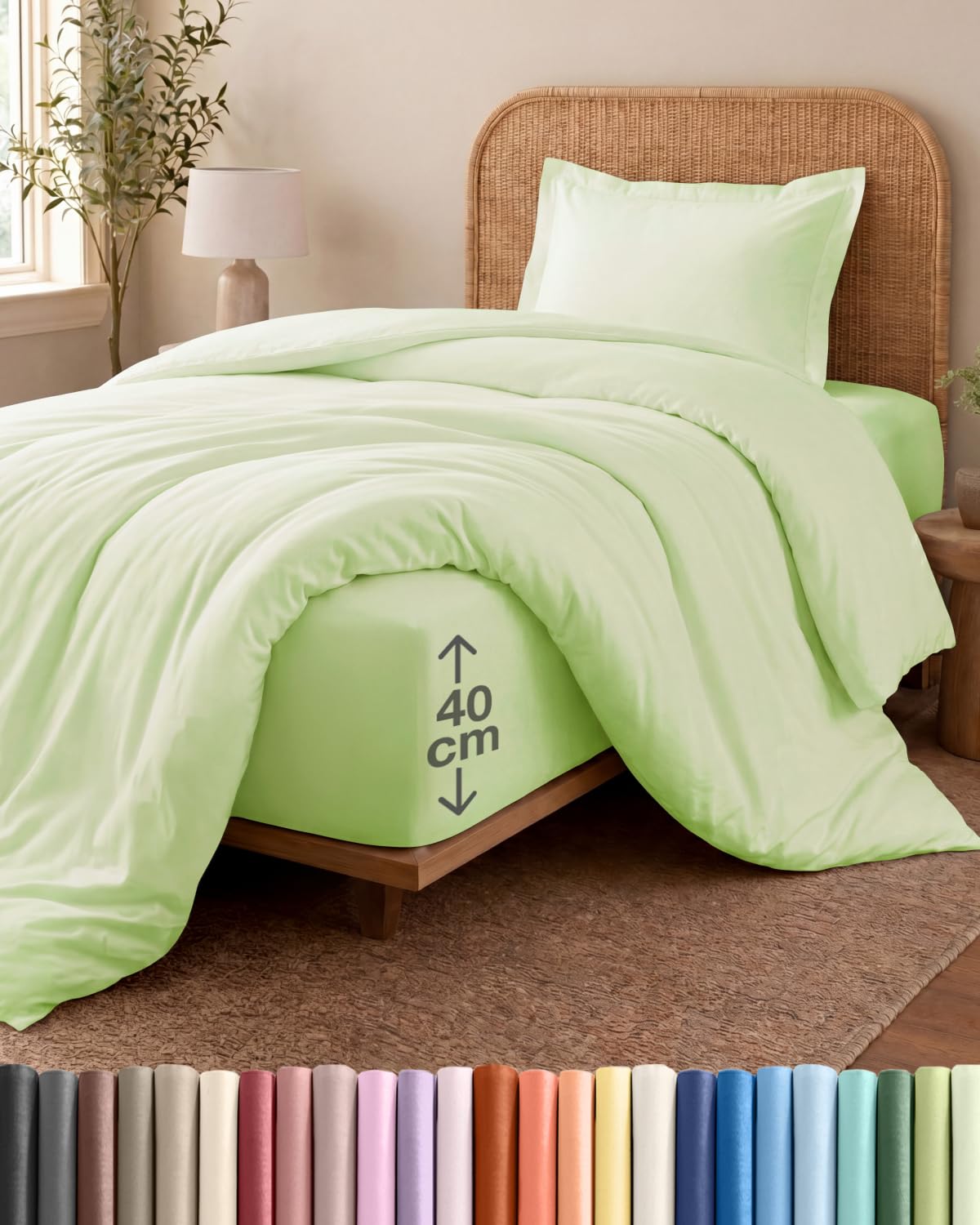 3 Piece Single Bed Light Sage Green Duvet Cover Set - Duvet Cover & Fitted Sheet, 1 Pillowcase - 135x200cm + 90x190cm 40cm / 16" - Microfibre - Soft, Wrinkle & Fade Resistant - OEKO-TEX Certified