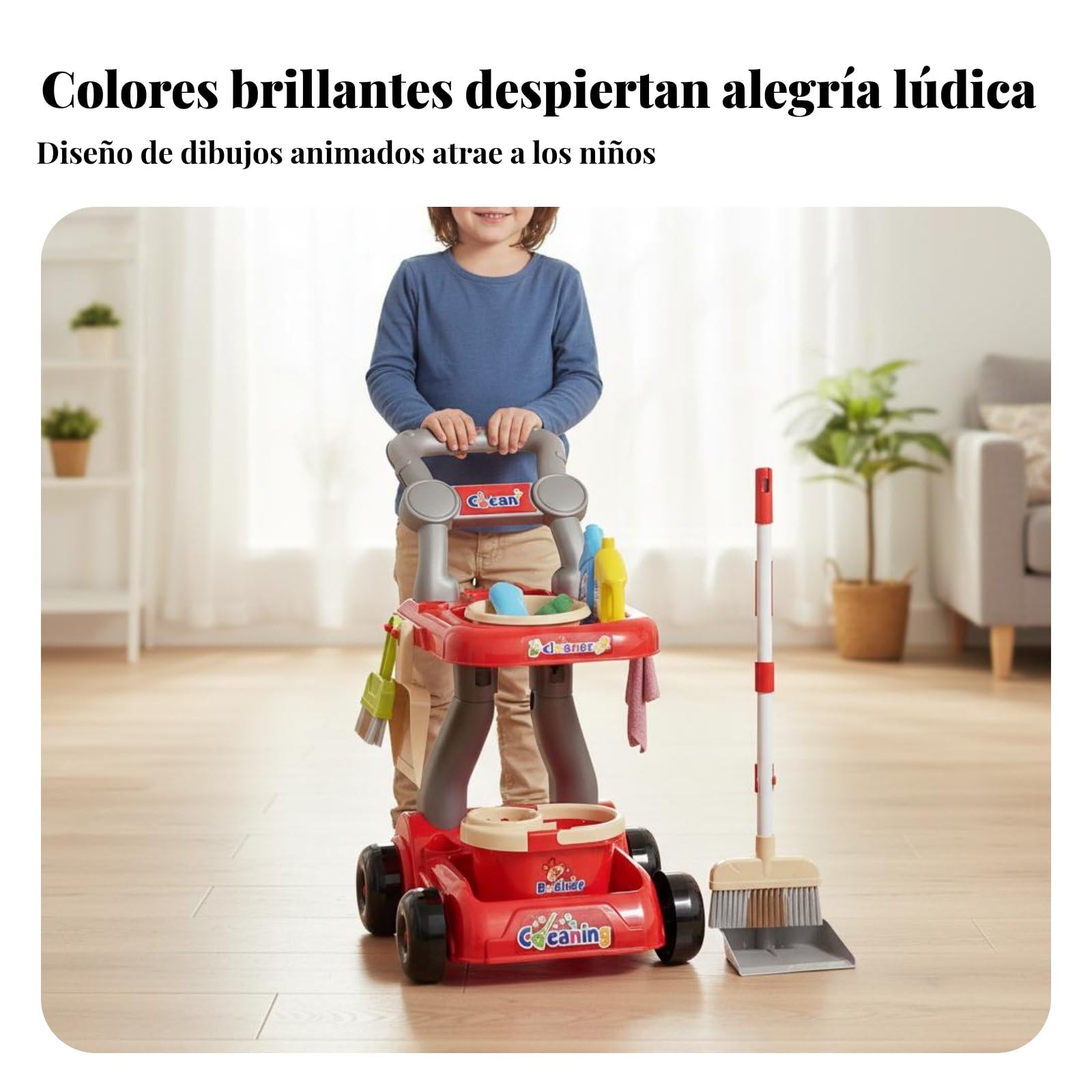 MagiDeal Children Cleaning Playset Kit de Limpieza Juguete de Hogar Escoba Trapeador Recogedor Plástico Educativo con Soporte Ordenado Fomenta Responsabilidad , Rojo , Set Trolley 18PCS