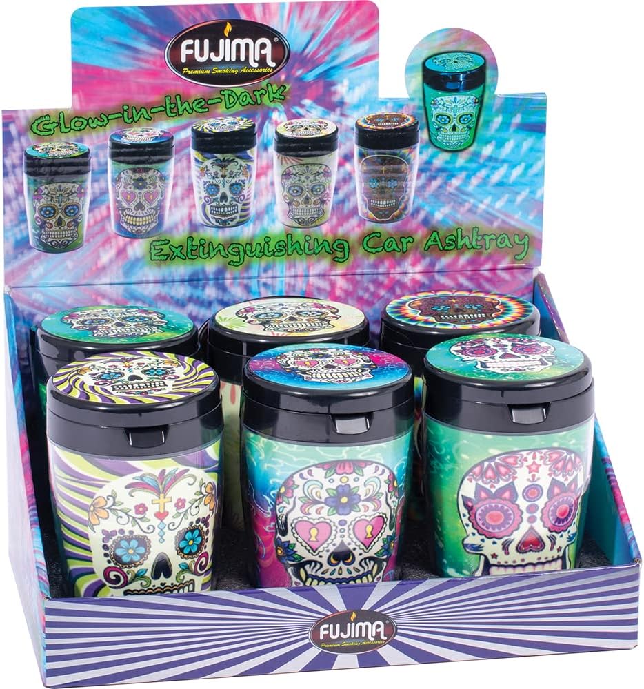 6pc Display - Fujima Glow Car Ashtray W/Lid - 4.5" / Assorted Styles