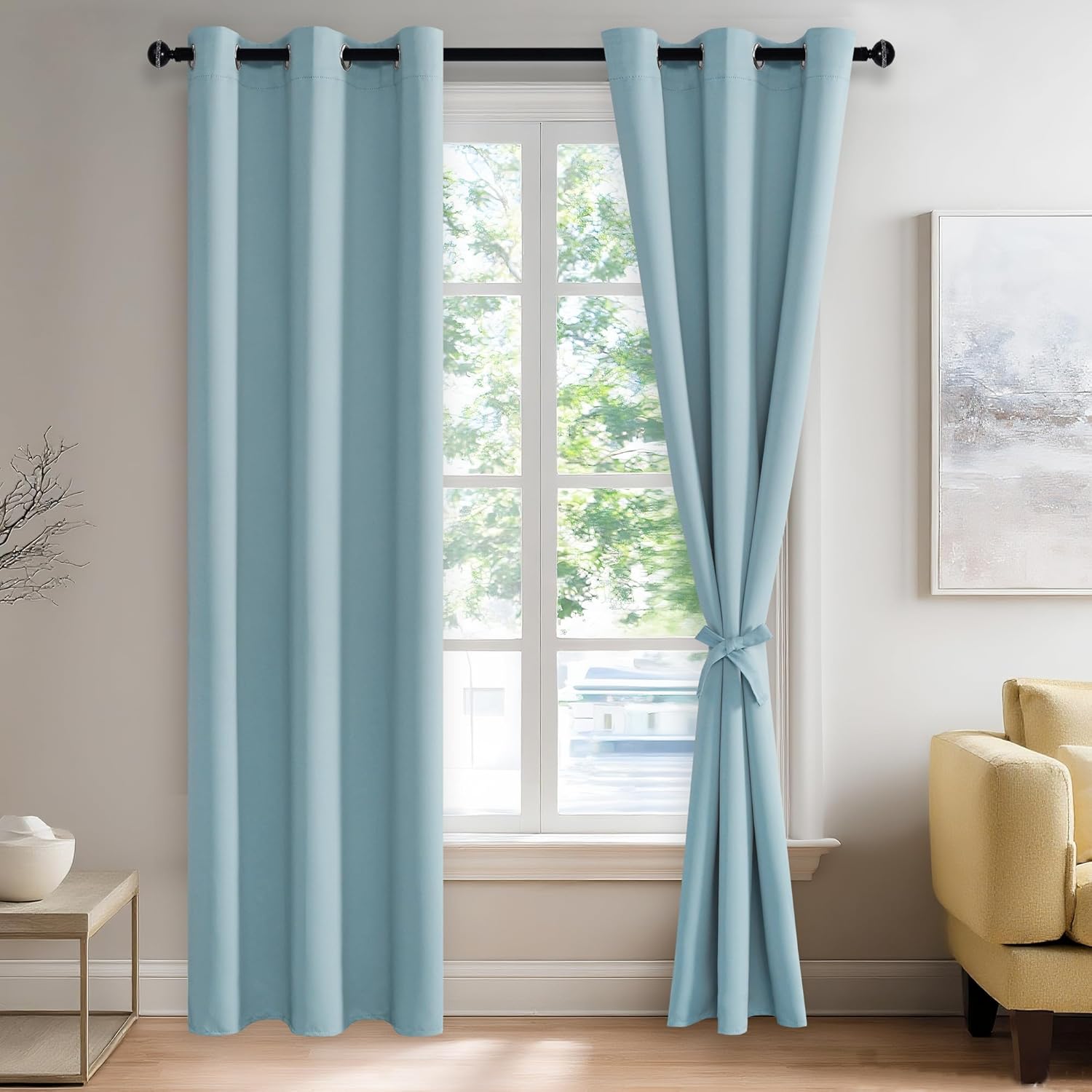 JIUZHEN Light Blue Blackout Curtains with Tiebacks Thermal Insulated, Light Blocking and Noise Reducing Grommet Curtains for and Living Room, Set of 2 Window Curtain Panels, 42 x 84 Inch Length
