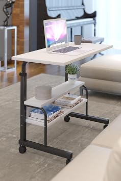 80x40 Height Adjustable Shelf Locking Wheel Portable Laptop Stand and Desk White