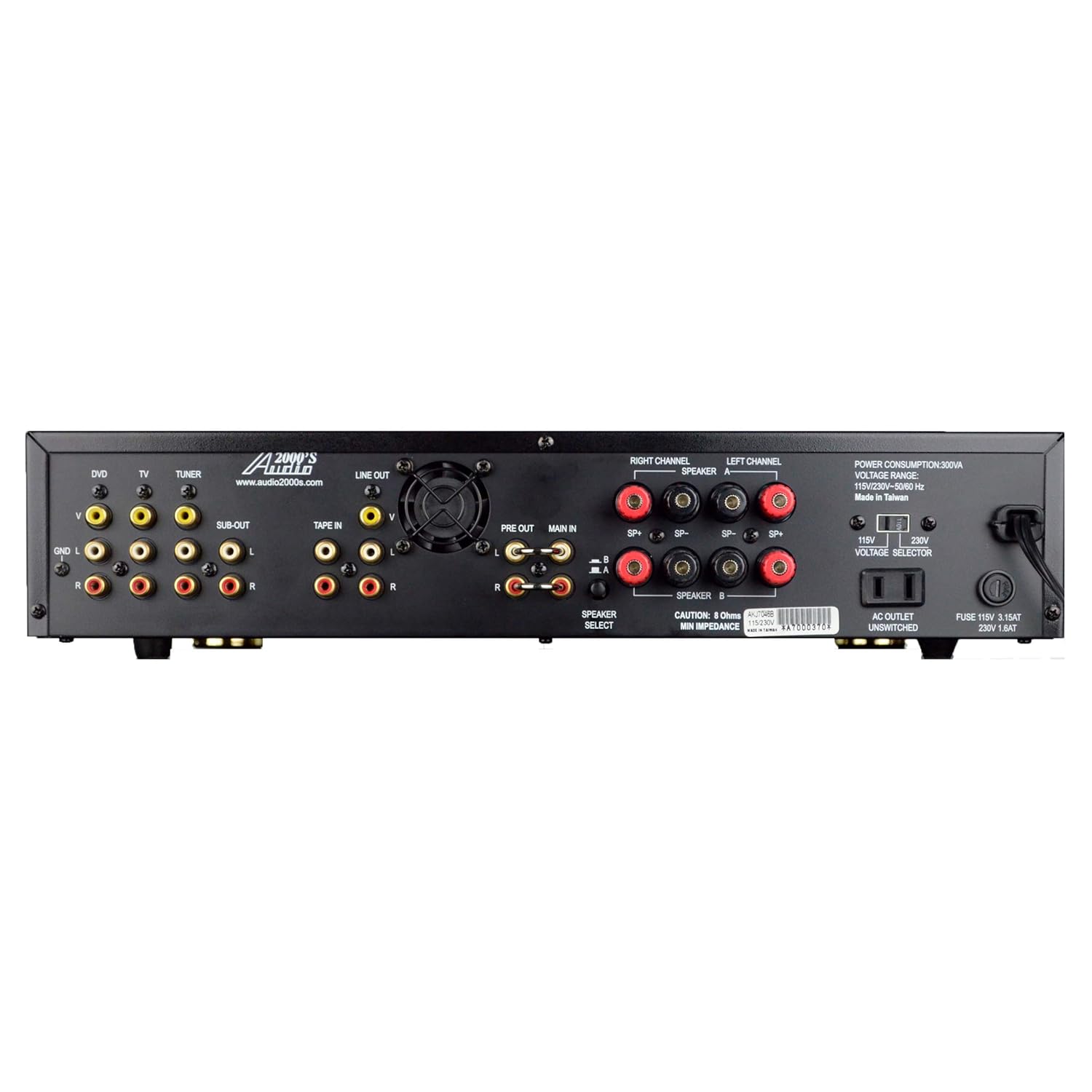 Rear view of the Audio 2000S AKJ-7046 Karaoke Mixing Amplifier showing input/output ports