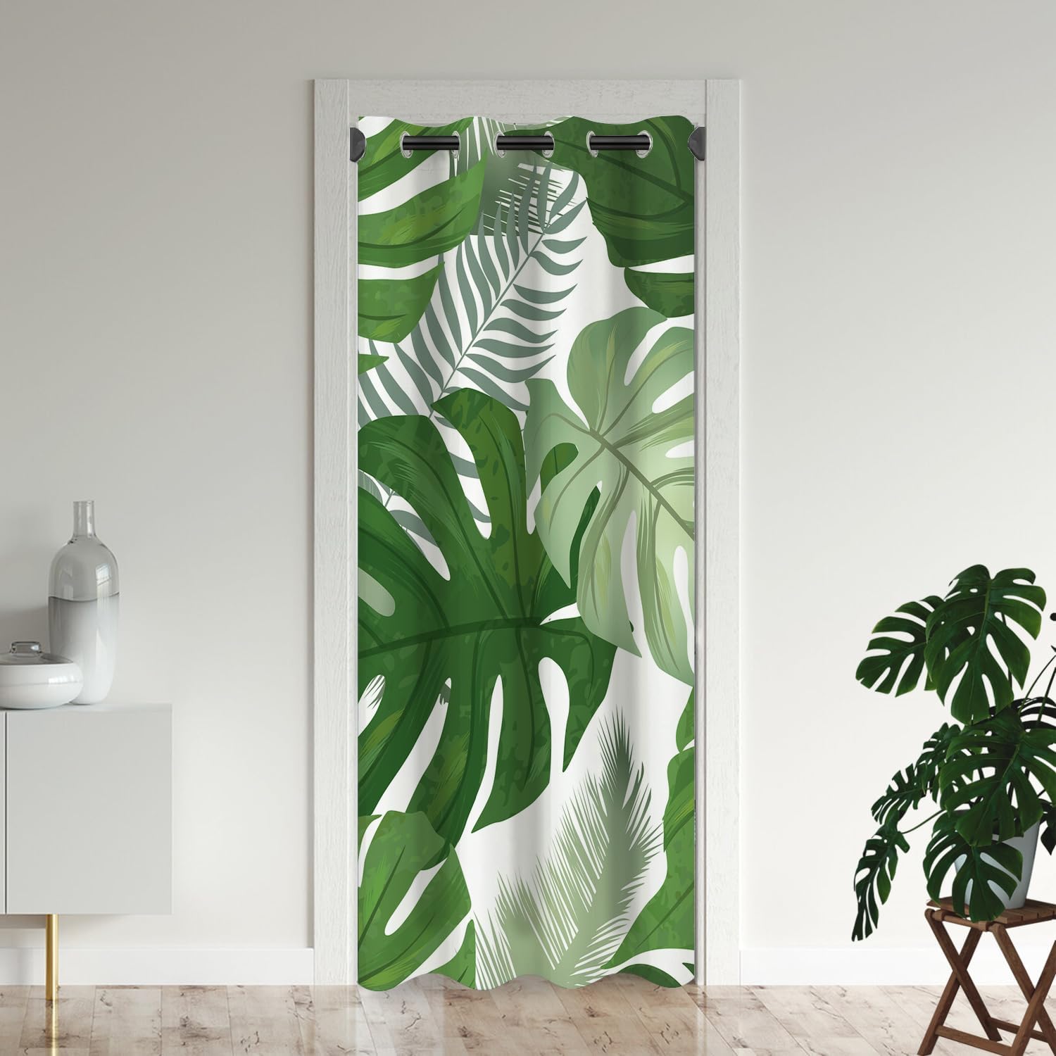 Tropical Green Leaves Door Curtains for Doorways, Hawaii Palm Leaf Plant Green Blackout Curtain for Kids Bedroom Closet, Grommet Thermal Insulated Privacy Door Drapes for Room Divider, 34"W x 80"L