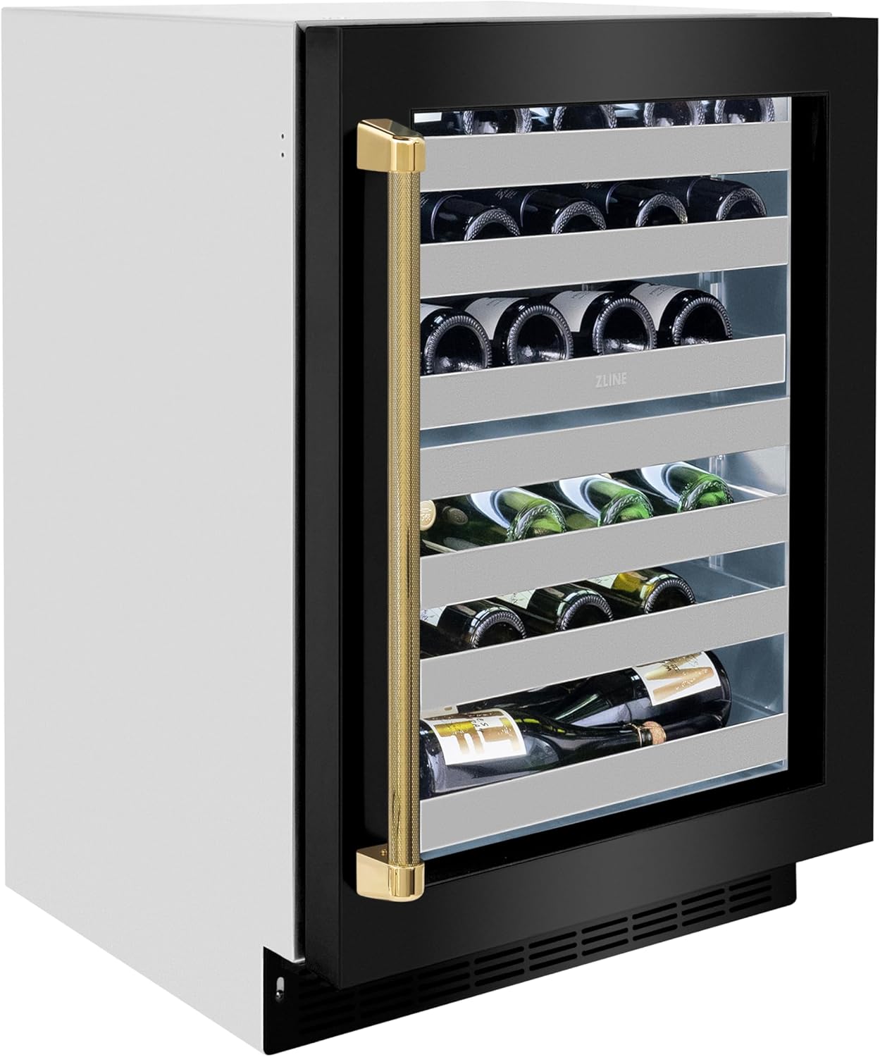 ZLINE Autograph Edition 24 in. Touchstone Dual Zone 44 Bottle Wine Cooler with Black Stainless Steel Glass Door and Polished Gold Helix Handle (RWDOZ-BS-24-KG)