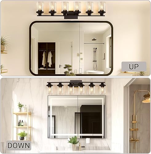 Miniatura 7 de LOUSACE Lámpara de tocador de baño de 6 luces, lámparas de baño negras mate, modernas luces de baño sobre espejo con pantalla de vidrio