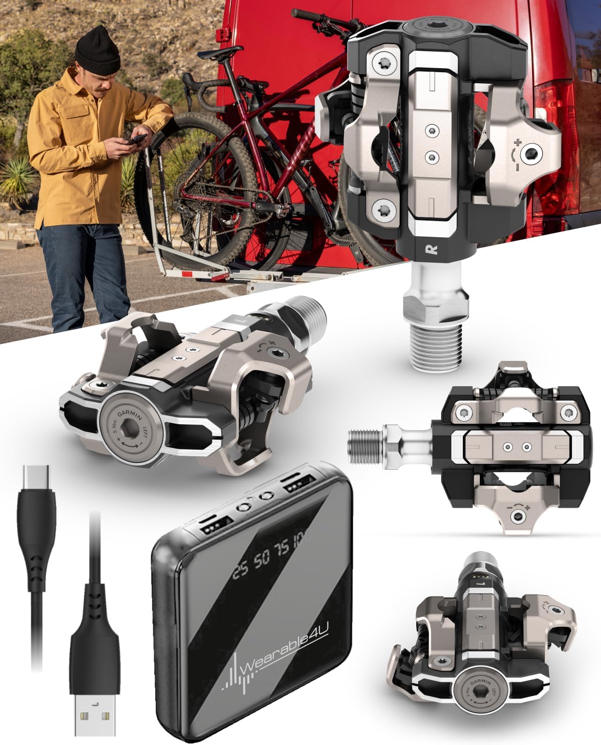 Garmin Rally XC110 Single-Sensing Power Meter Pedals – Off-Road, Shimano SPD Cleat Compatible, Rechargeable 90h Ride Time, Tracks Total Power & Cadence w/ Wearable4U PowerBank Bundle