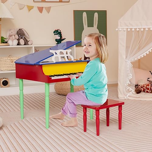 Miniatura 9 de Costzon Piano clásico para niños, piano de cola de madera de 30 teclas con soporte de música y banco, mini juguete musical para niños, ideal para