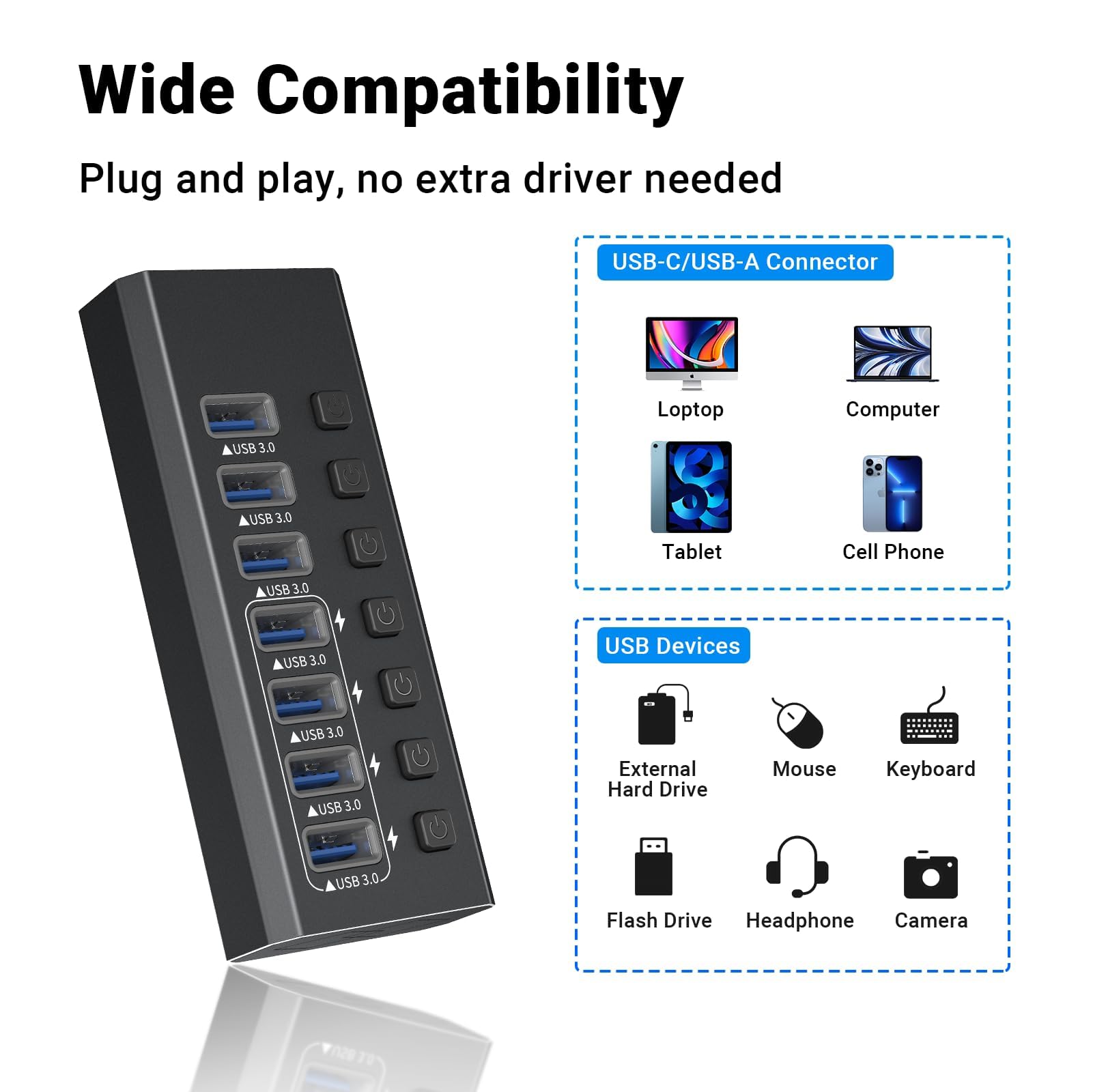 Hub USB 3.0 alimenté en aluminium, 7 ports USB SuperSpeed avec adaptateur d'alimentation 12 V/2 A et interrupteur marche/arrêt individuel pour Surface Pro, Windows, PC, ordinateur portable, ordinateur