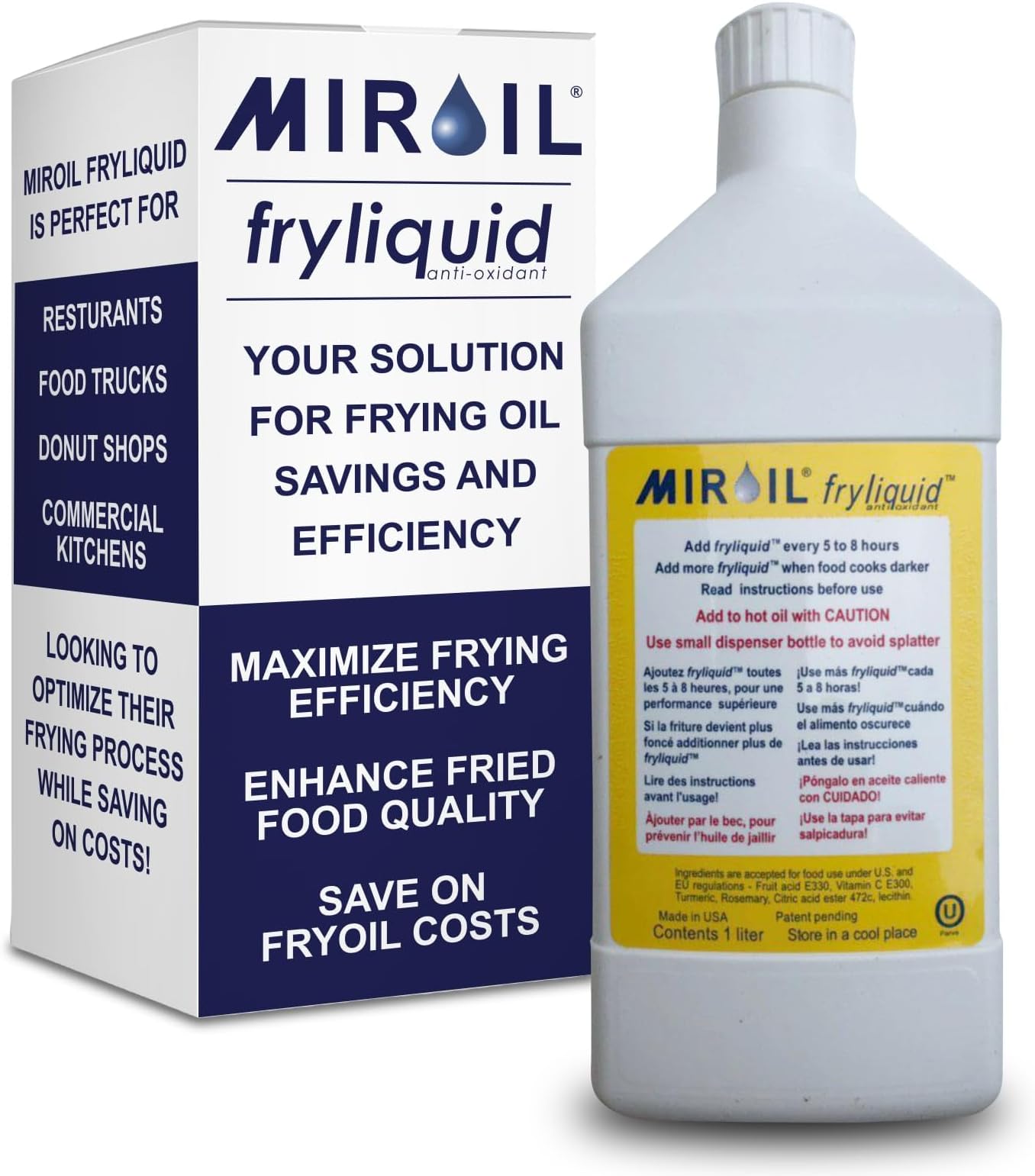 1 Liter Bottle FryLiquid by MirOil, Antioxidant for Frying, Removes Unhealthy Fat, Prevents Breakdown, Vitamin Therapy, Extend Deep Fryer Oil Life for Donut Shop, Restaurant, Food Truck & Food Service