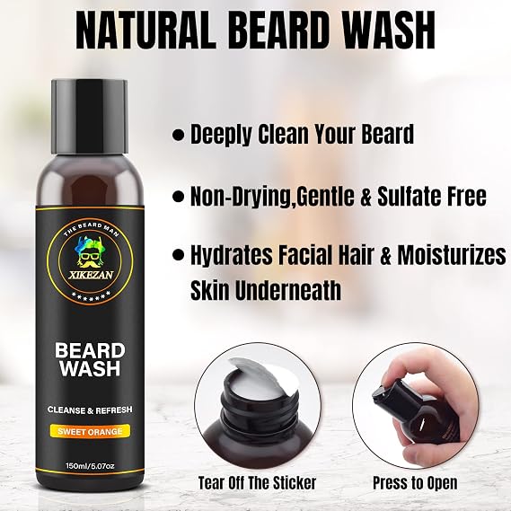 XIKEZAN Beard Wash & Beard Conditioner Natural Softener Set w/Argan & Jojoba Oils Smooths & Strengthens Christmas Stocking Stuffers Father Day Gifts for Men Him Dad Boyfriend Husband