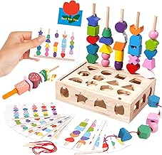 USHOP Montessori Wooden Toys for Children, 3 in 1 with Wooden Beads, Educational Wooden Toys, Educational Geometric Colors Shapes Sorting Blocks, Gift for Babies Children 3+ Years