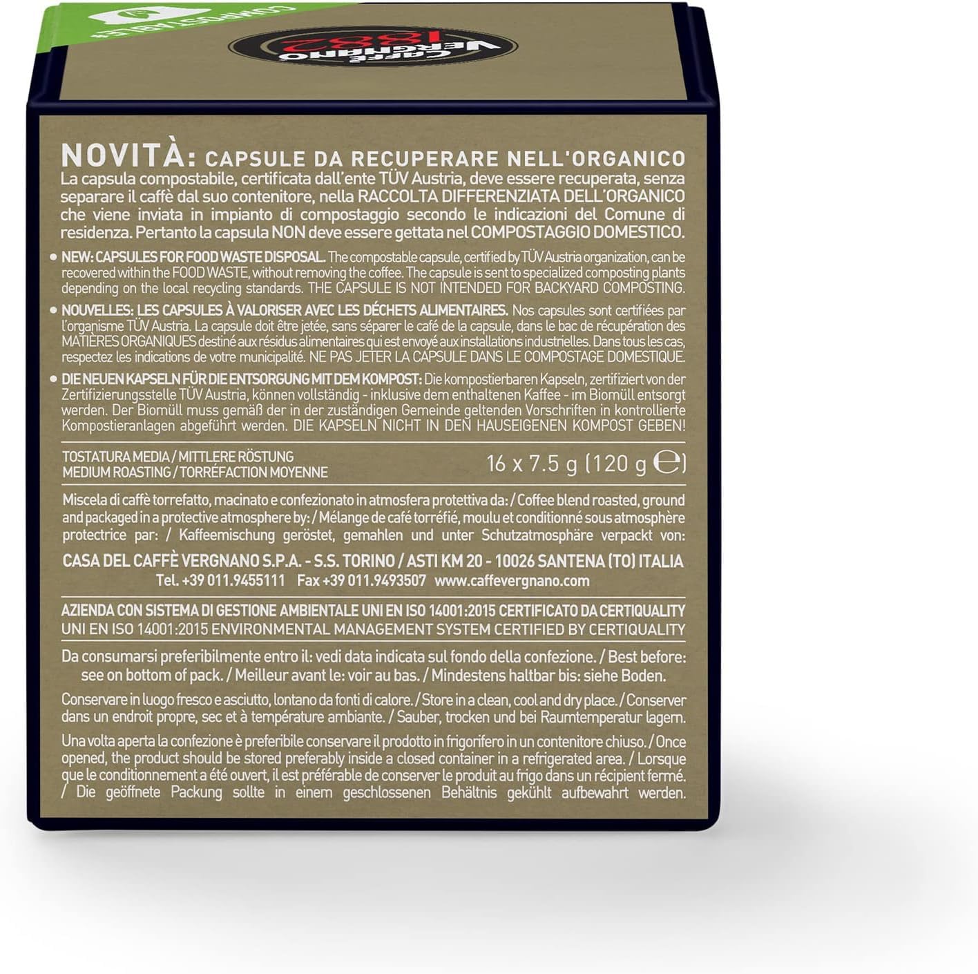 Caffè VERGNANO 1882, 256 Capsule Compostabili e Compatibili Lavazza A Modo Mio, ORO - 16 confezioni da 16 -DD-