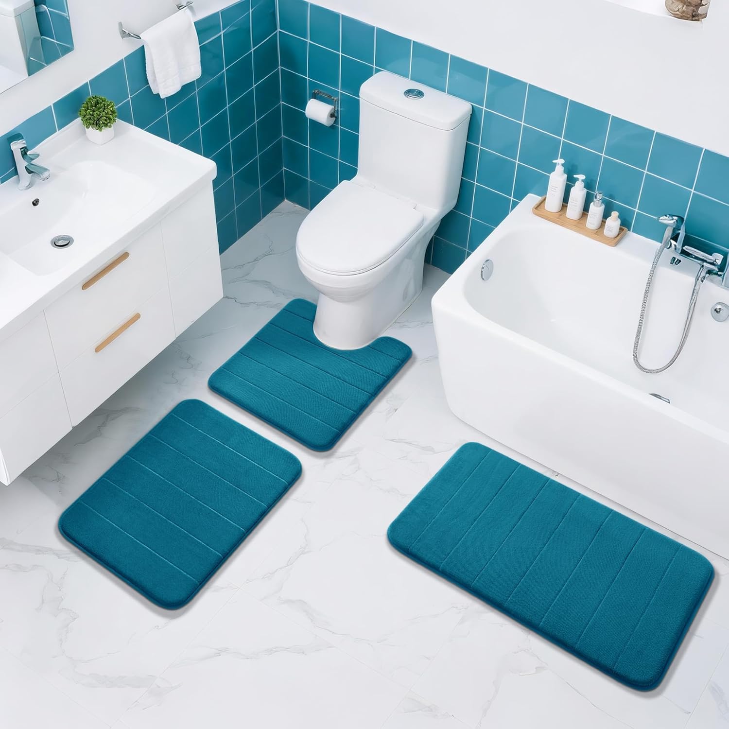 Yimobra Memory Foam Bath Mat, Super Soft Absorbent Bathroom Rug Non Slip, Quick Dry, Machine Washable Floor Carpet for Tub Shower, Home Decor Accessories, 24x17, Peacock Blue - Image 2