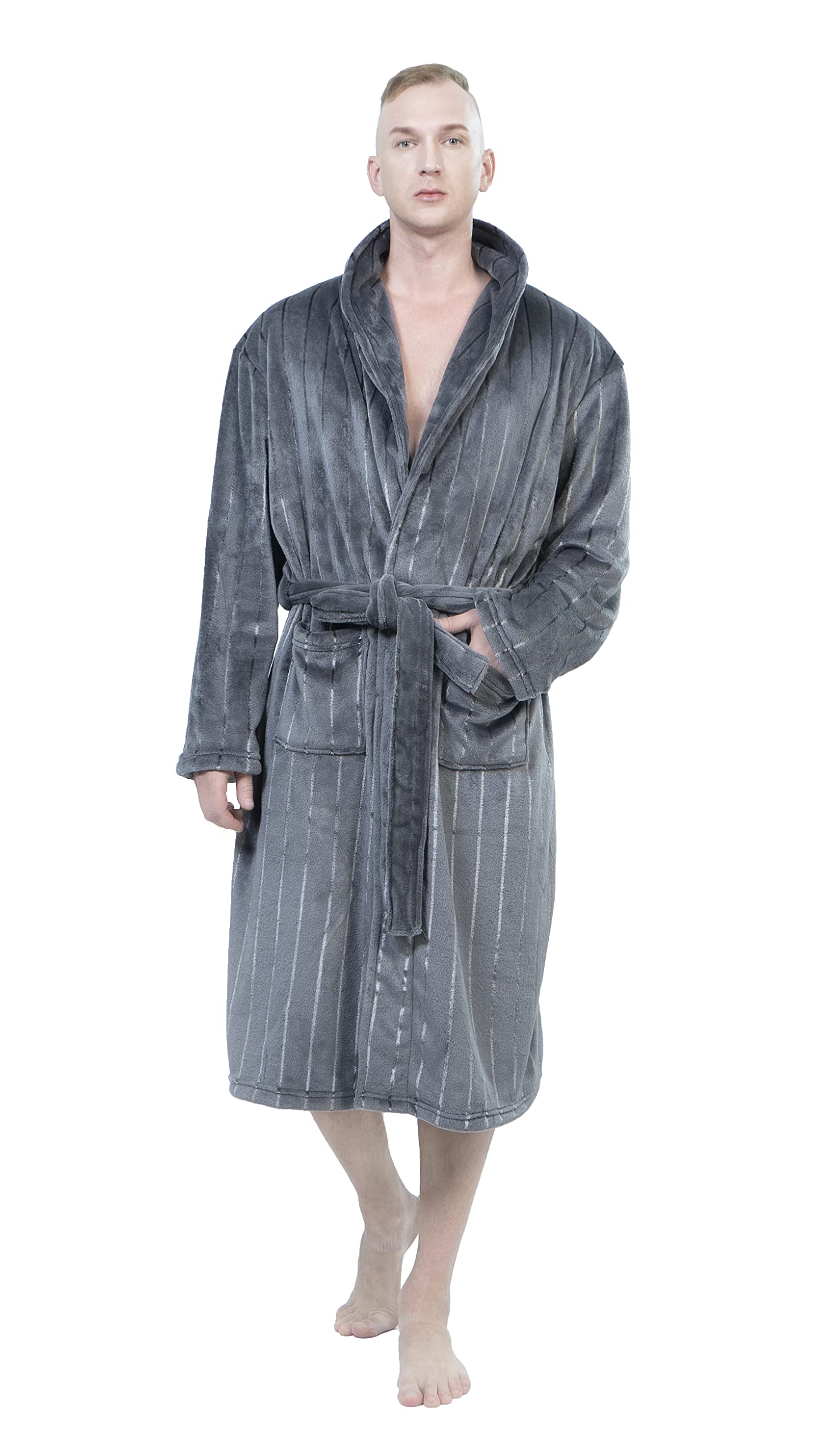 XING YE CHUANMen Fleece Robe, Warm Plush Chiaroscuro Bathrobe