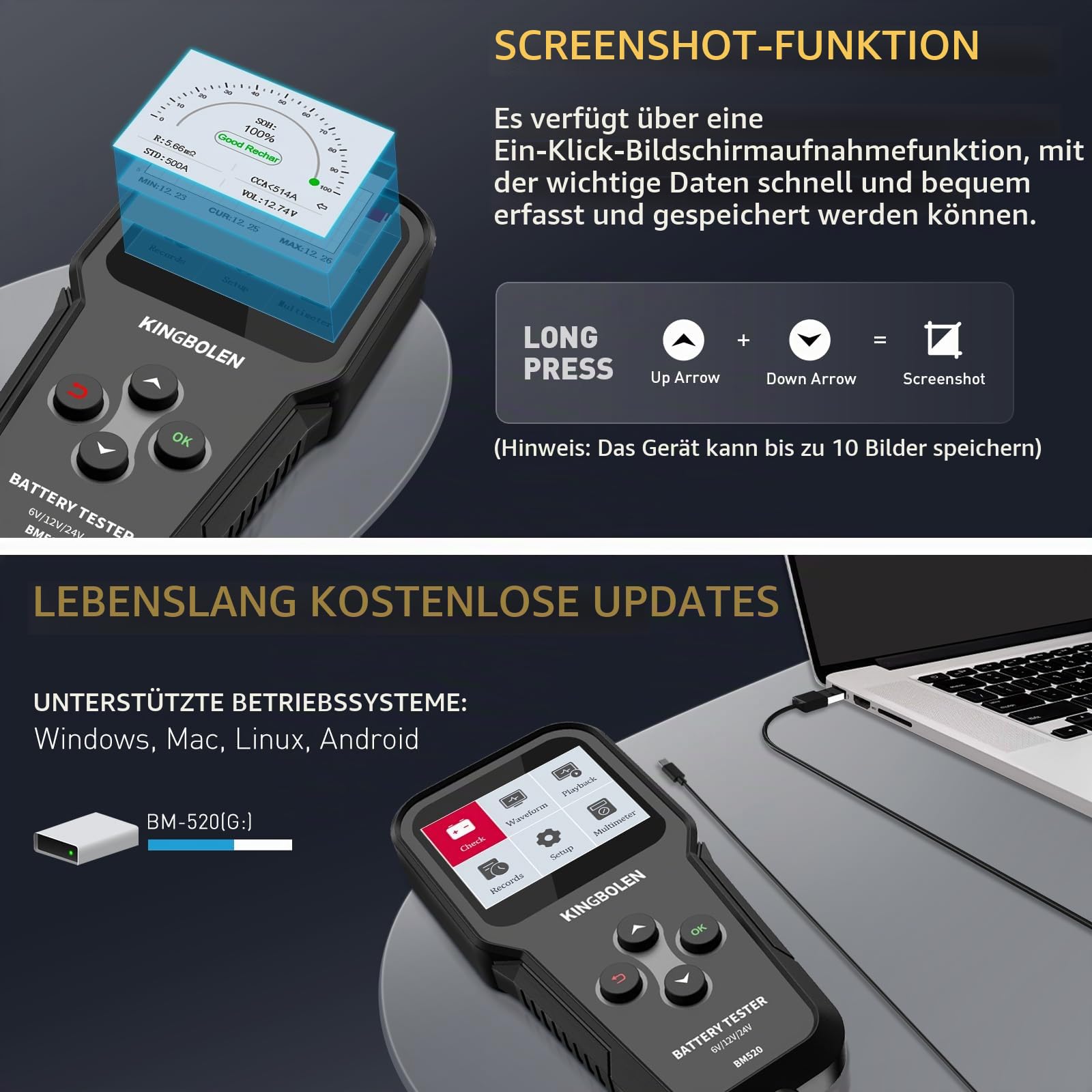 KINGBOLEN BM520 6V/12V/24V Autobatterietester, 100-2000 CCA Batterietester Kfz mit Batteriestatusprüfung Anlasstest Ladetest, Lichtmaschinen Tester für Auto Motorrad ATV SUV LKW Boot