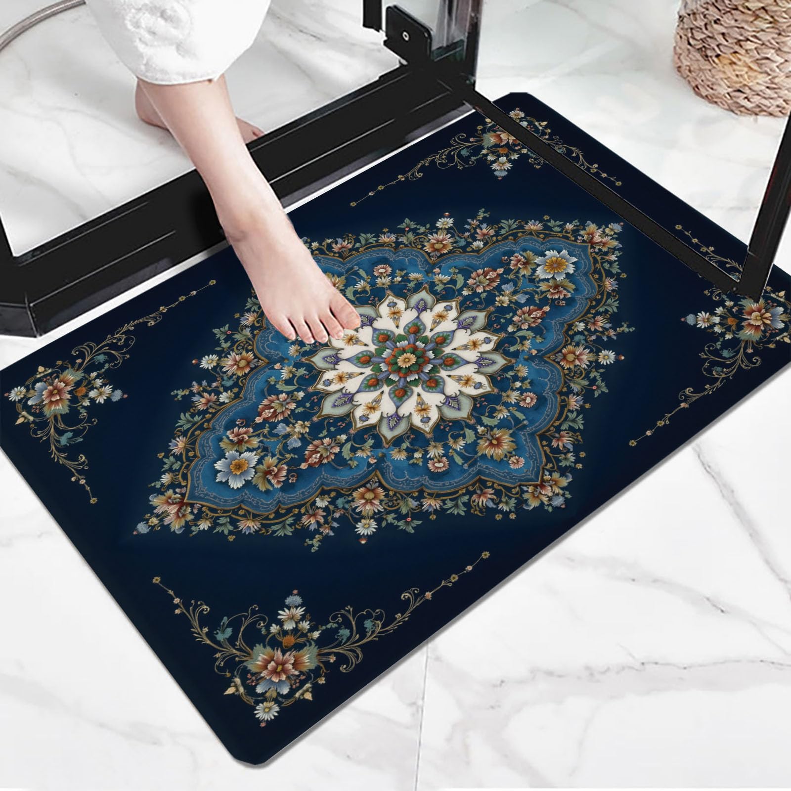 Tapis Bleu foncé Style de tapis persan Motif floral géométrique Élégantes Paillasson Exterieur Entree Paillasson Interieur Antidérapant Lavable Tapi Entree Interieur pour Cuisine Couloir 80 x 120 cm