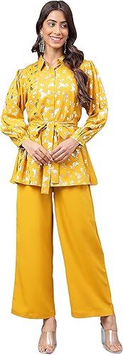 Janasya Día de la Mujer Amarillo Crepe Foil Impreso Co-ord Set