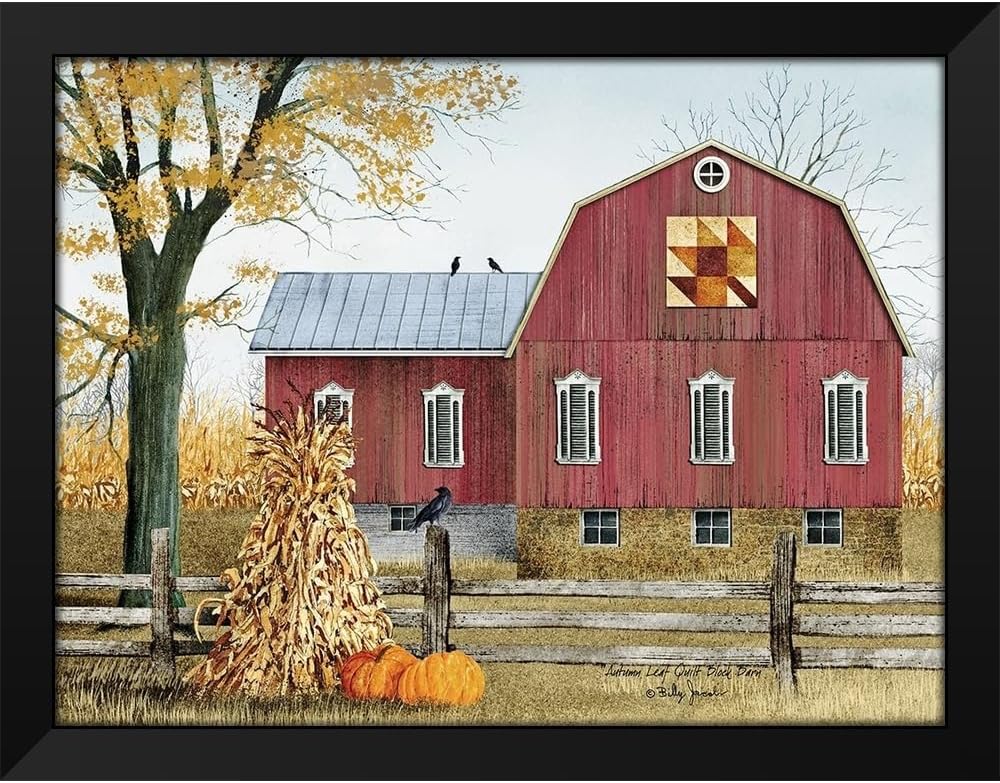 ArtDirect Jacobs, Billy 24x19 Black Modern Framed Art Print Titled: Autumn Leaf Quilt Block Barn