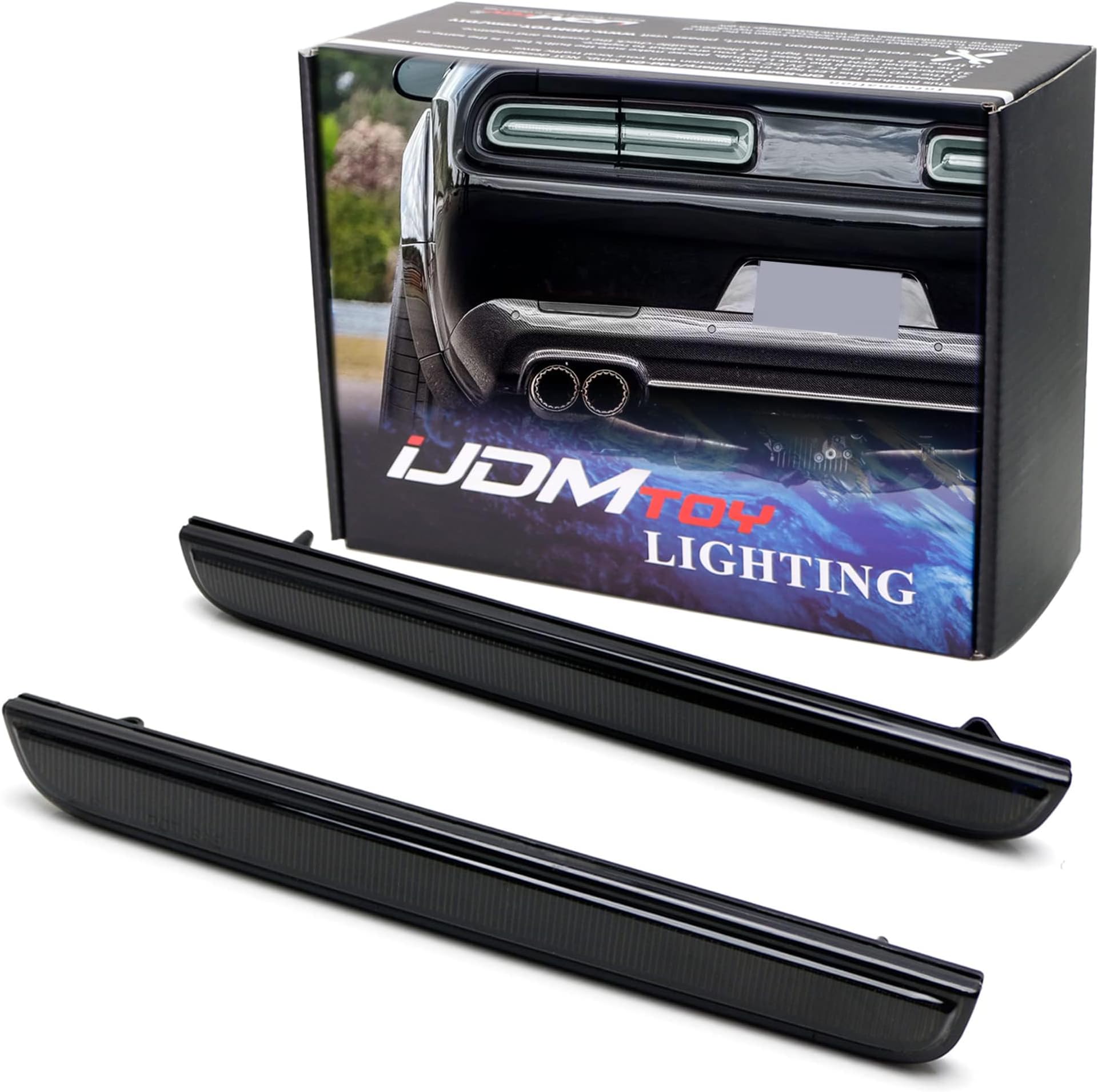 iJDMTOY Blackout Smoked Lens Rear Bumper Reflector Lenses Compatible With 2015-up Dodge Challenger, OE-Spec LH RH Assembly