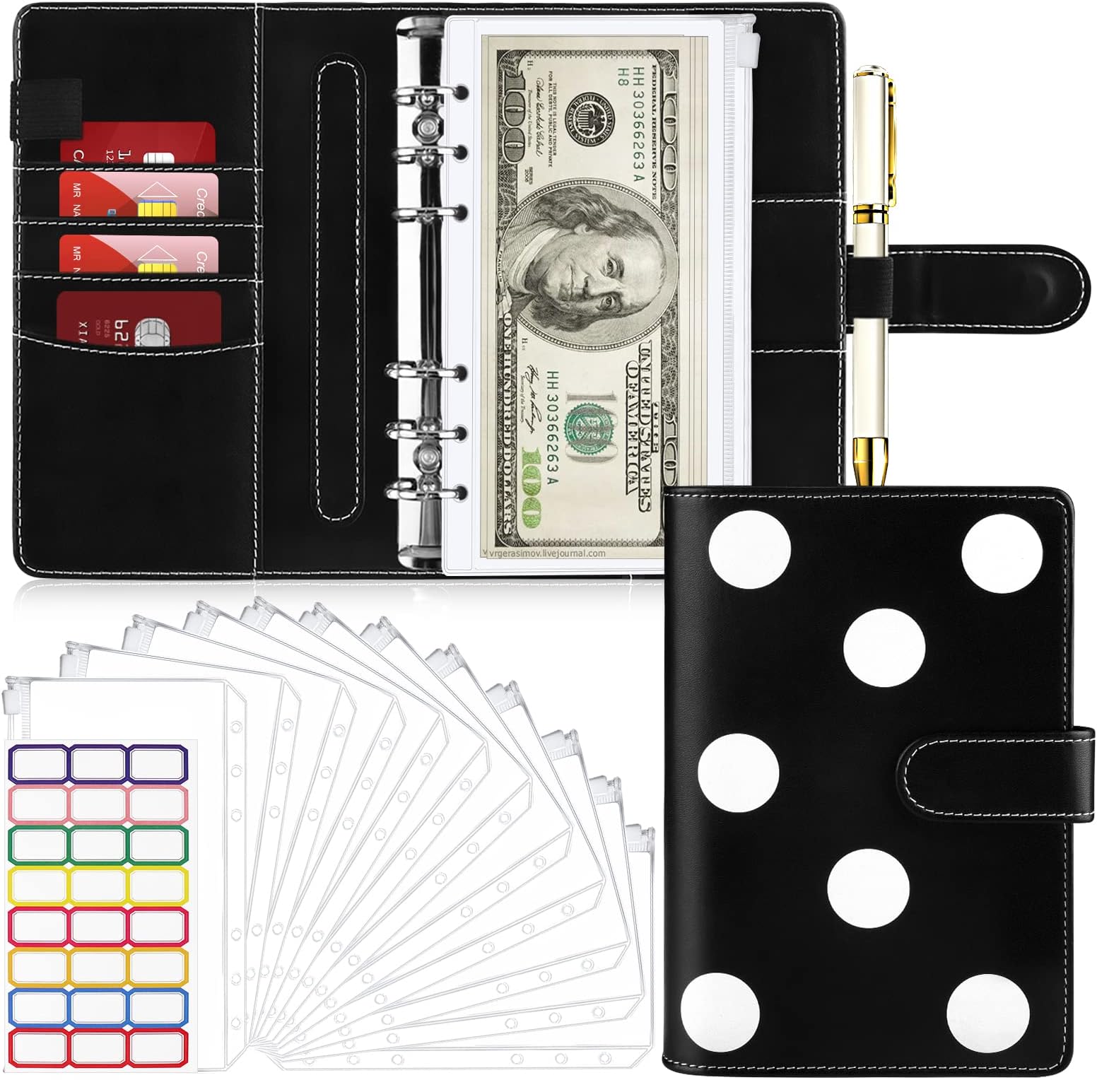 Budget Binder with Zipper Envelopes, Cash Envelopes for Budgeting, Budget Binder, Money Organizer for Cash, 14Pcs Budget Planner with Cash Envelopes(Polka Dot, Black)