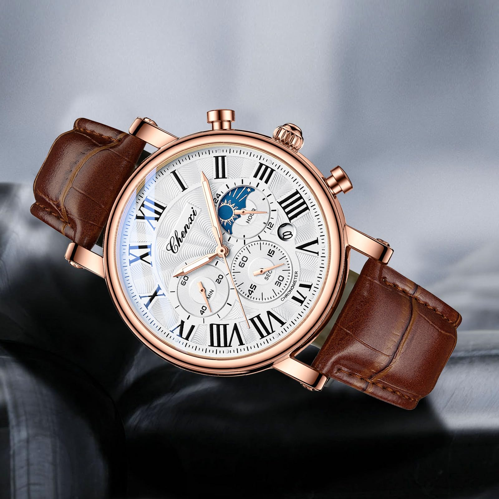 FANMIS Men's Classic Multifunctional Military Sports Analog Watch Business Dress Waterproof Luminous Chronograph Starry Sky Moon Phase Leather Wristwatch