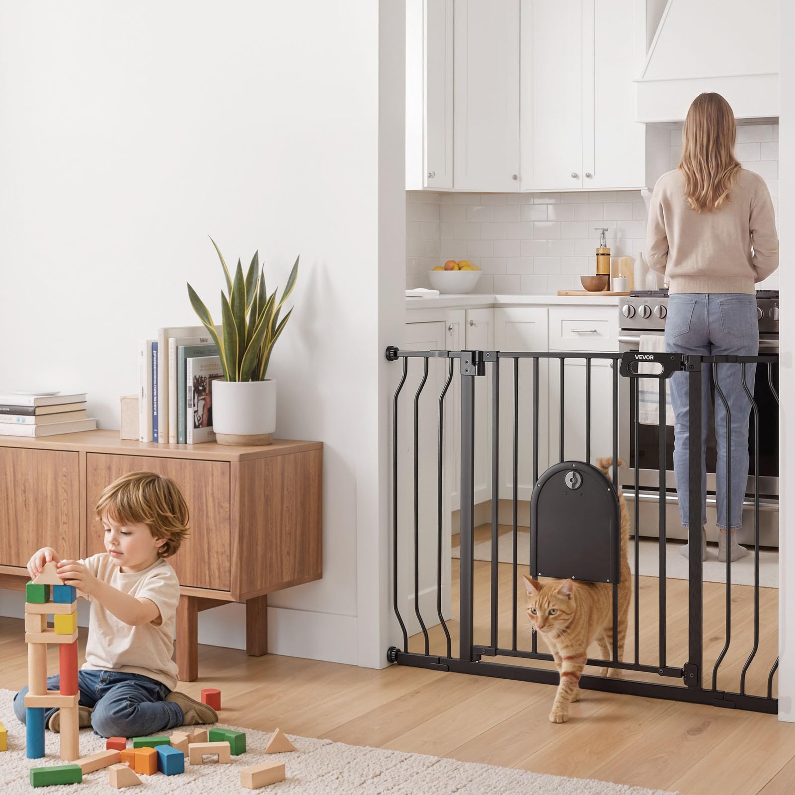VEVOR Barrera de Seguridad para Niños, 76 cm x 75-111 cm, Valla de Seguridad Infantil con Puerta Ajustable para Gatos, Bloque Doble y Apertura en Dos Sentidos, para Escaleras Hogar, Color Negro