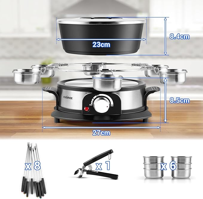 CUSIMAX Fondue Eléctrico 1300W 2L 8 Tenedores 6 Tazas Acero Inoxidable miniatura 3