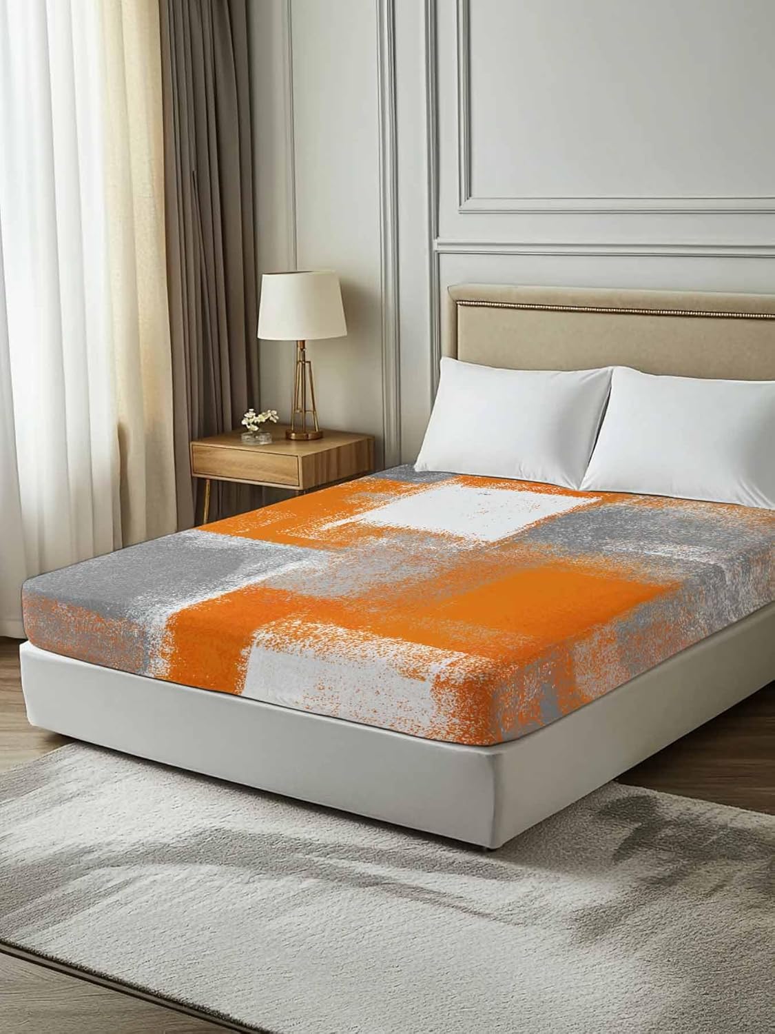 Top Sheet Full Bedding Flat Sheet Only, Orange Gradient Oil Painting Style Microfiber Bed Sheets Soft Breathable Bedding Flat Sheets, Gray Color Block Hotel Luxury Top Sheets