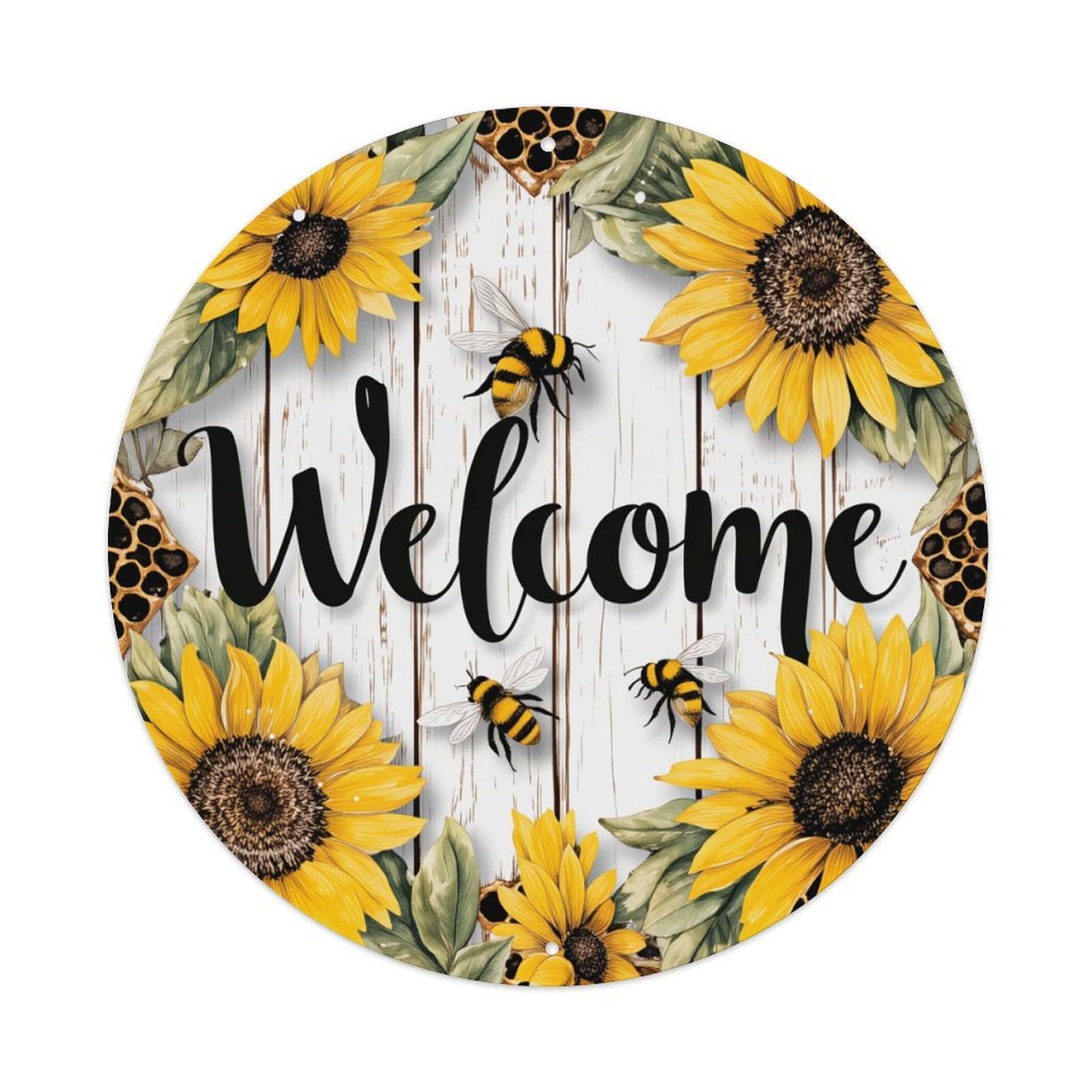 Sunflower Bee Honeycomb Wood Welcome Round Tin Sign Retro Metal Sign for Cafe Bar Pub Home Game Room Gym Club Wall Decoration Vintage Metal Poster 8x8 Inch