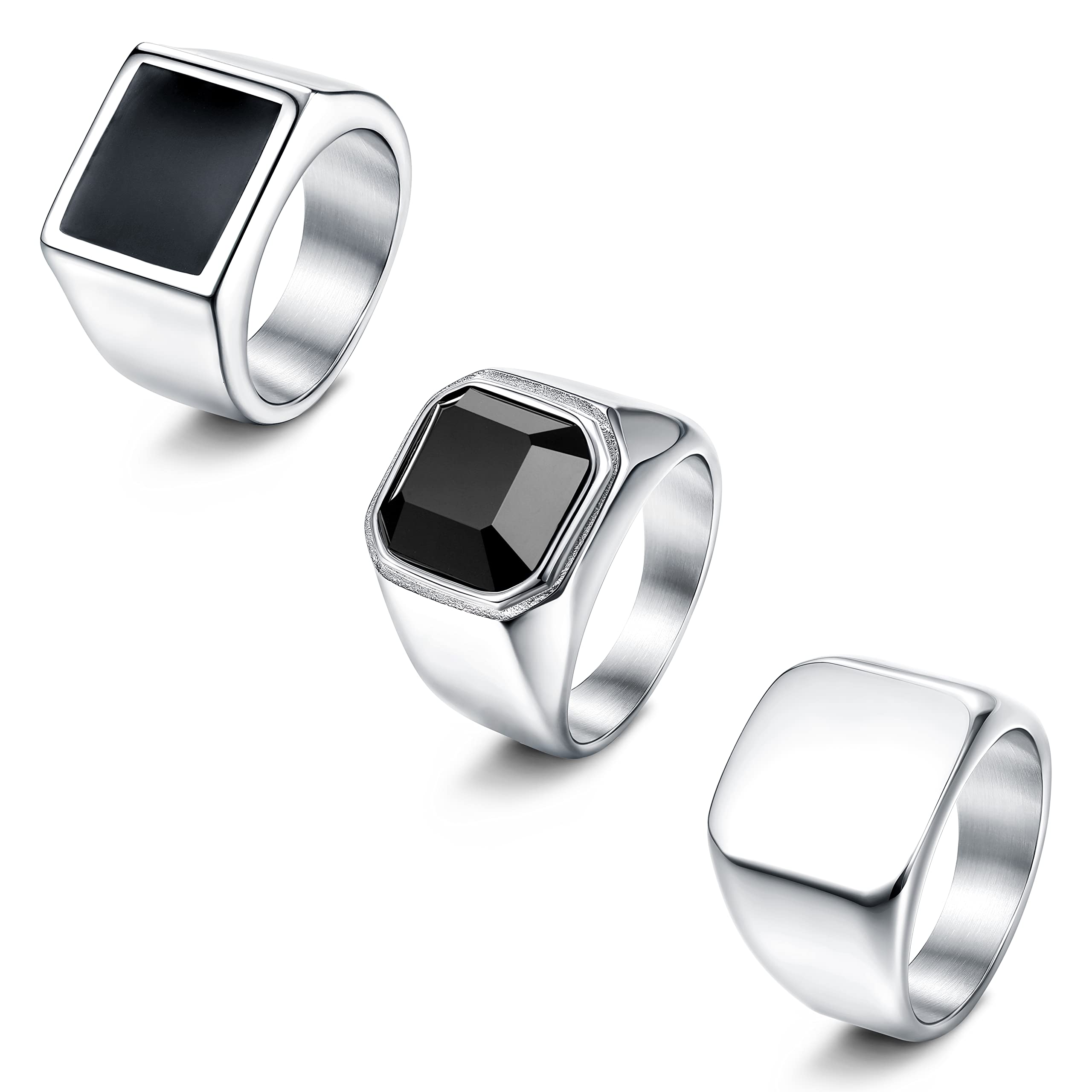 JeweBella 3 Piezas Anillo Hombres Sello Acero Inoxidable Vintage Punk Biker Anillos Conjunto Gótico Anillos de Ágata Cuadrada Simple Joyería para Hombres Mujeres Tamaño 14-30