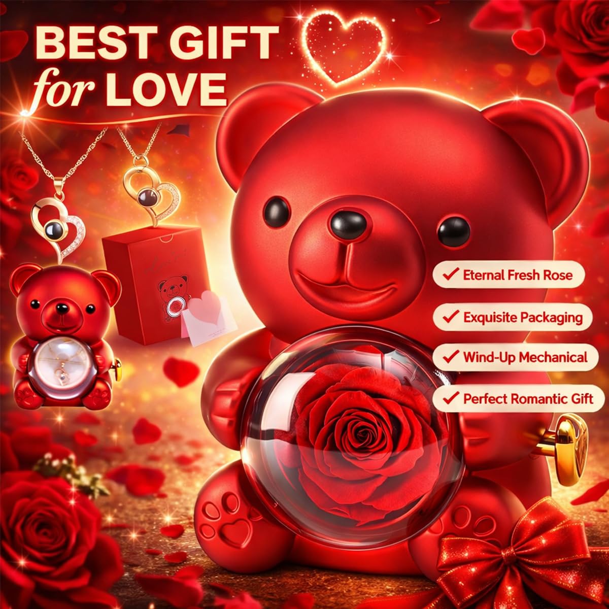 Oso con Rosa Eterna y Collar Te amo en 100 Idiomas, Caja de Regalo Romántica con Flor Preservada, Ideas de Regalo para Mujer, Mamá, Novia, Esposa en Navidad, San Valentín, Día de la Madre y Cumpleaños