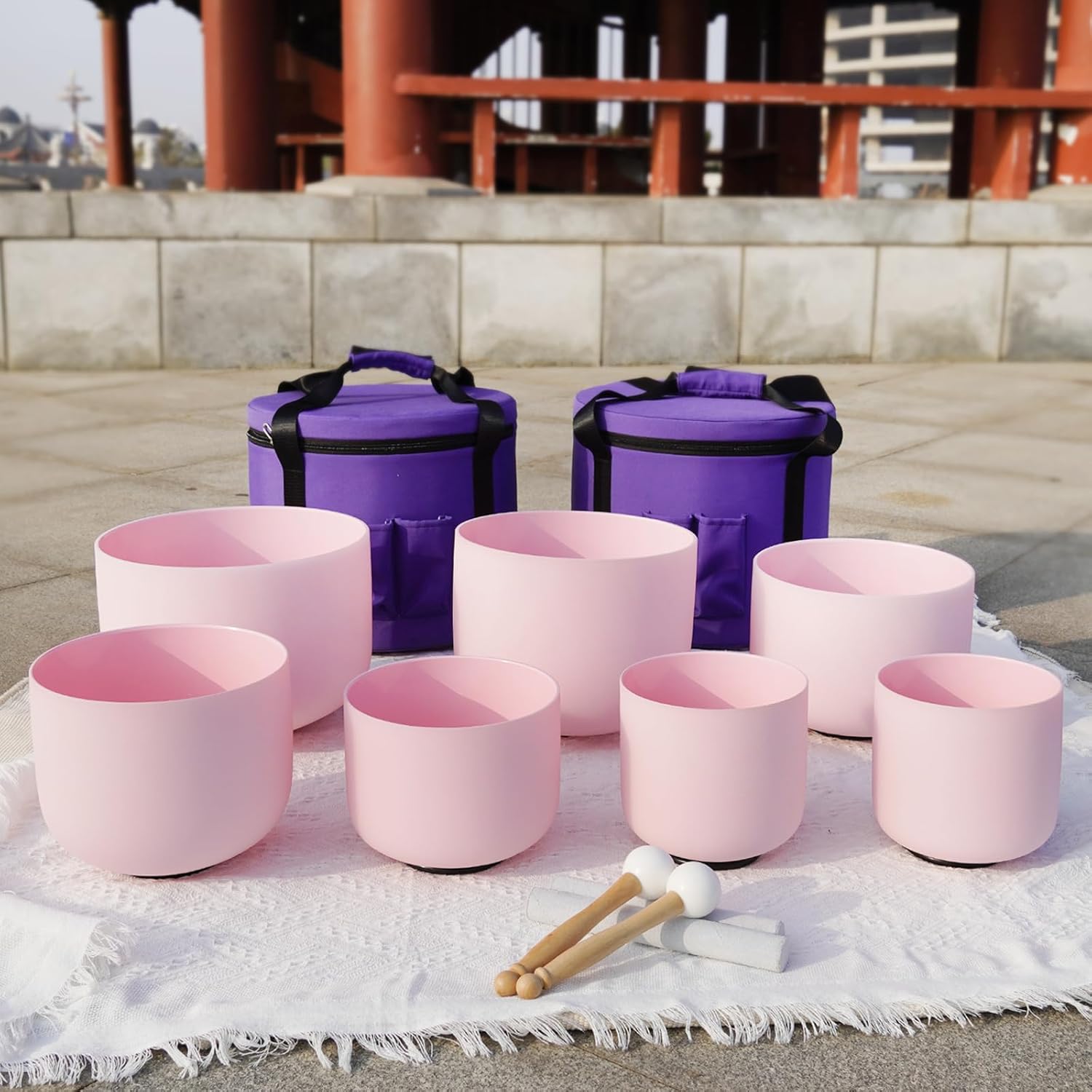KVKA 432Hz 6-12" Set of 7 pcs Pink Colored Quartz Crystal Singing Bowl Sound Healing Tuned Bell with Carrying Case