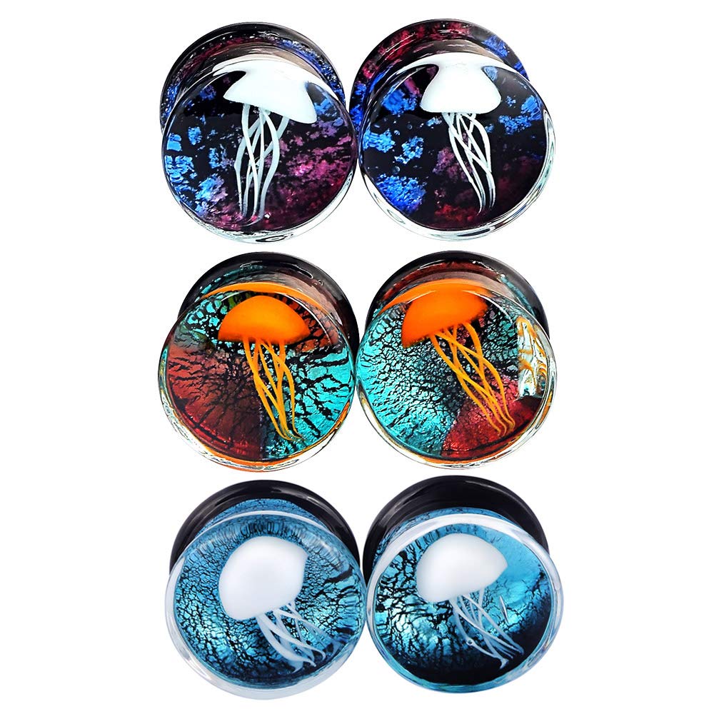 YunggerOne Pair / 3 Pairs Glass Plugs Double Flare Saddle Jellyfish Ear Plugs Kit Gauge 0G-5/8 inch