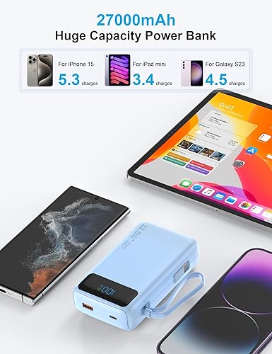 Miniatura 2 de Cargador portátil, 27000 mAh 22.5 W, cargador de batería de carga rápida con cable integrado, batería USB C con pantalla LED y luz flash, cargador