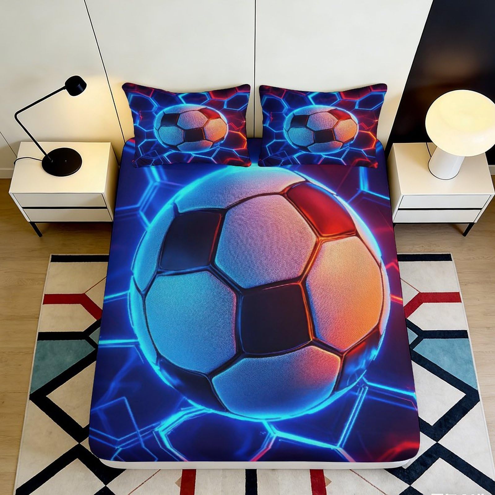 3D Printed Neon Soccer Ball Fitted Sheet Microfiber Soft Breathable Electric Ball Bed Cover for Bedroom Dormitory Guest Room Mattress Protection 120x200x25cm