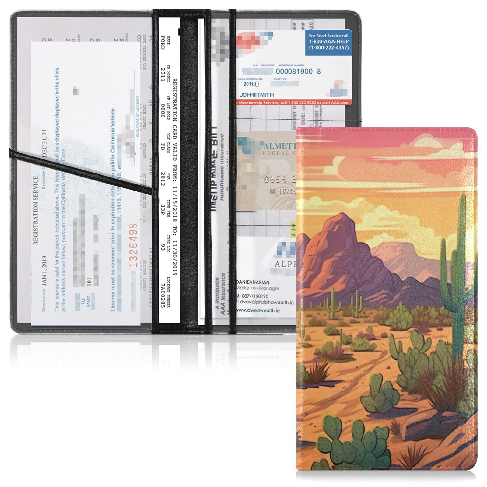 Burbuja Car Registration and Insurance Holder, Cactus Desert Leather Vehicle Glove Box Organizer Document Wallet Accessories Case