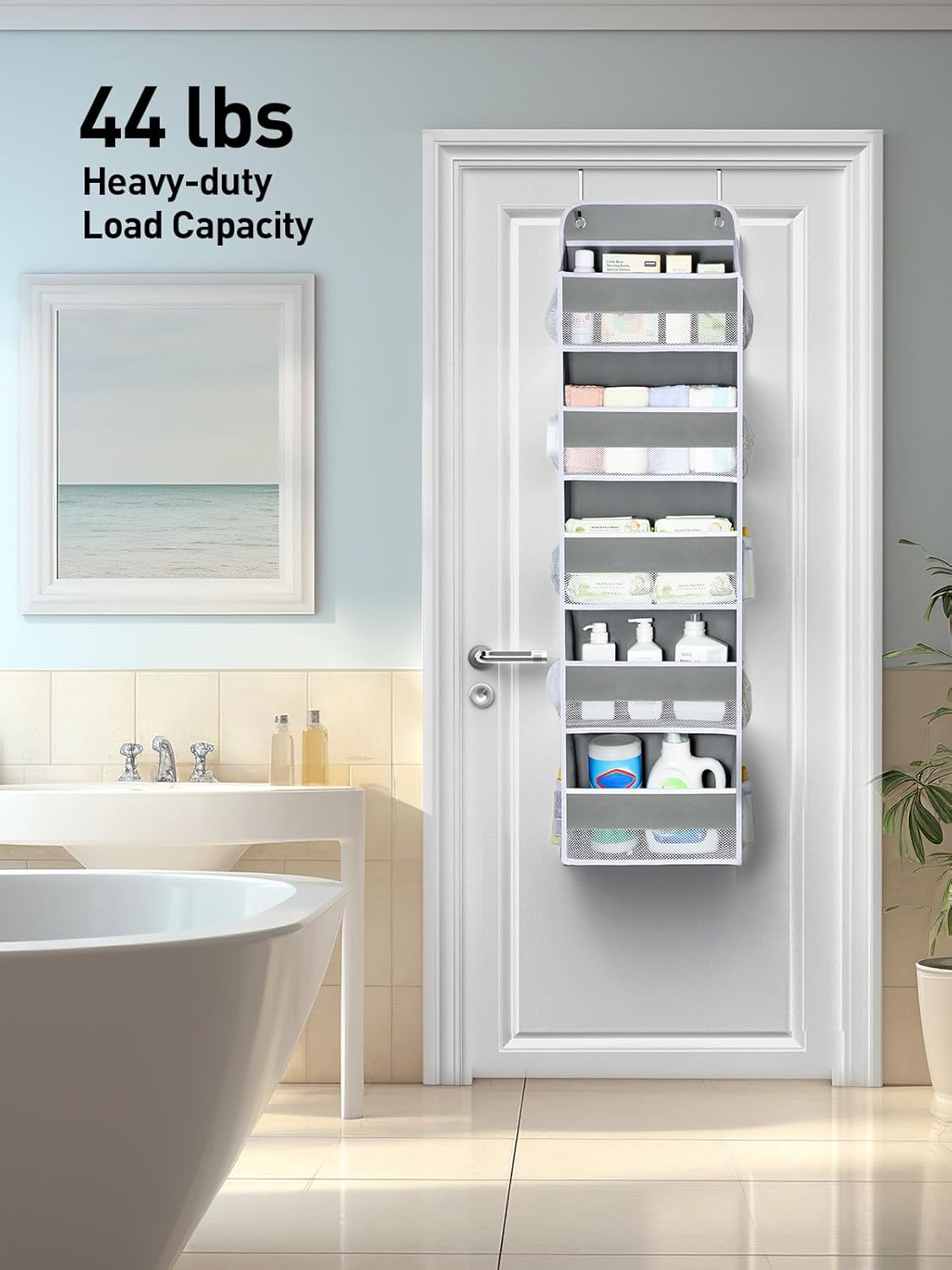 Yecaye 1 Pc Over the Door Organizer with 5 Bins 10 Side Pockets, 44lbs Load Hanging Bathroom and Bedroom Organizer, behind the Door Hanging Organizers for Nursery Newborn Baby Essential Stuff Grey - Image 9