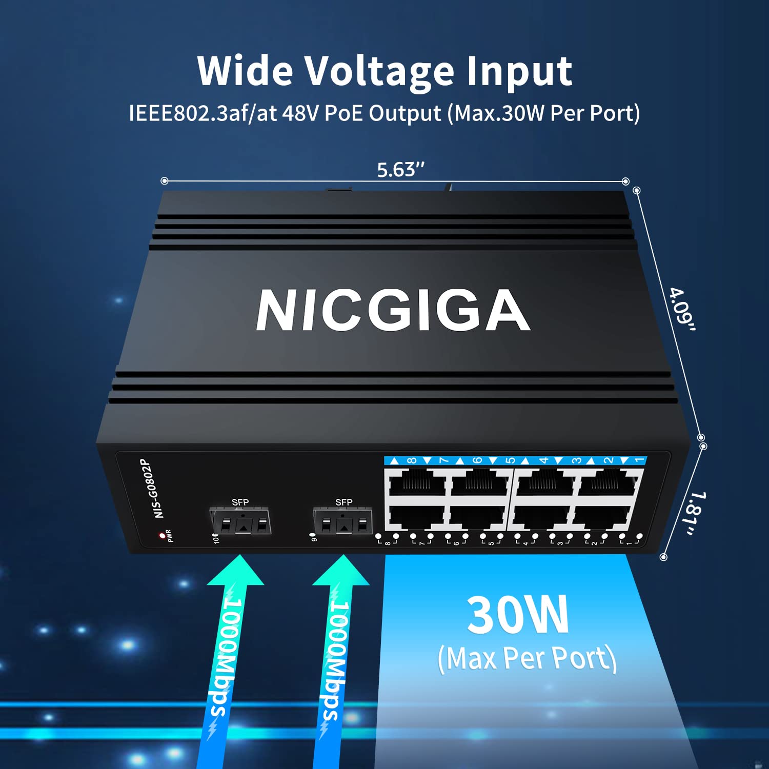 NICGIGA 8 Port Industrial Gigabit Poe Ethernet DIN-Rail Switch, with 8 x 30W Poe Ports @245W + 2 SFP Uplink Network Switch. IP40 Metal Enclosure(-30° to 75°)