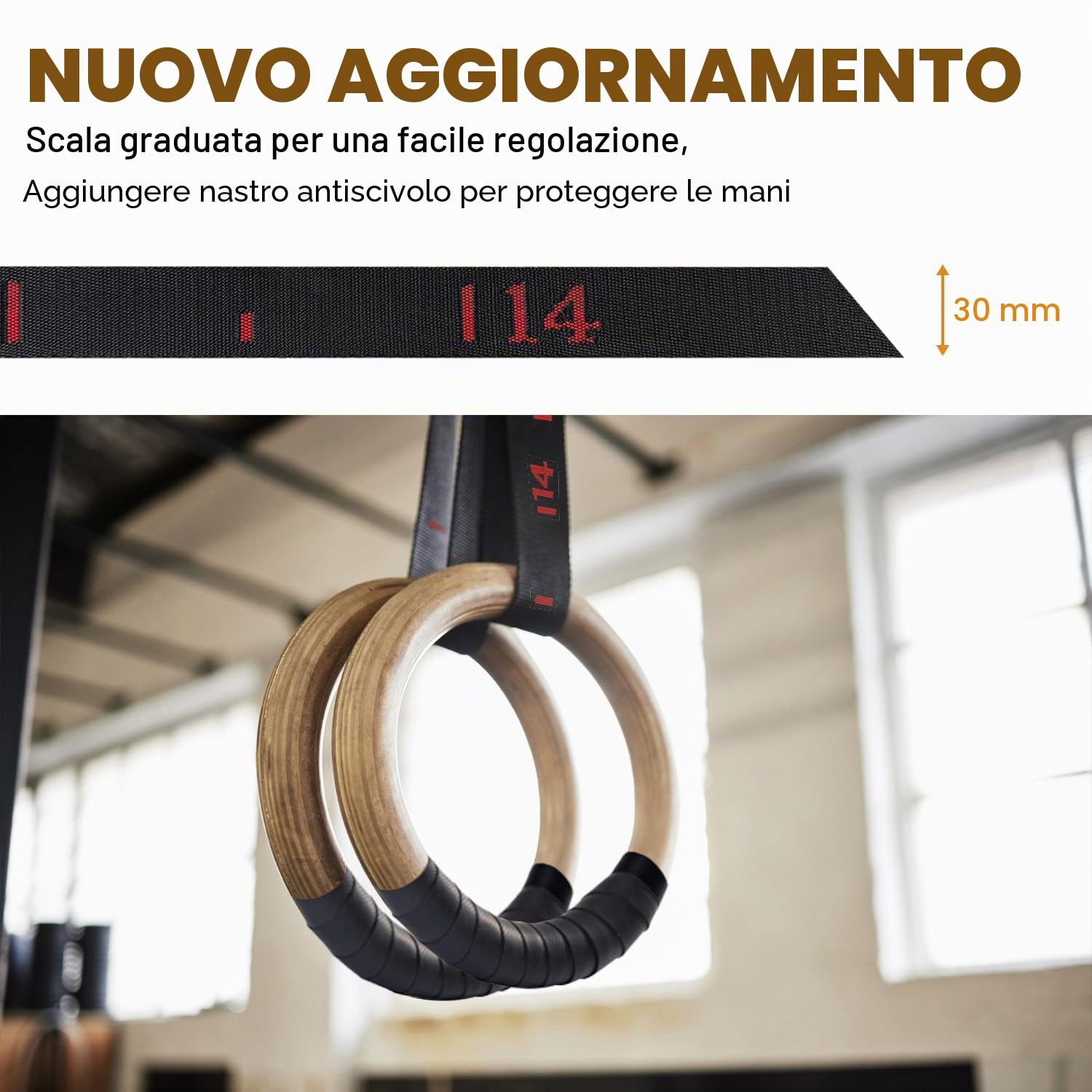5BILLION Anelli Ginnastica Legno - Fitness Anelli Palestra con Regolabili Lunghi Fibbie Cinghie - Allenamento per Palestra di Casa & Fitness - Grande per Il Muscolo Up, Pull Up & Training Muscolare