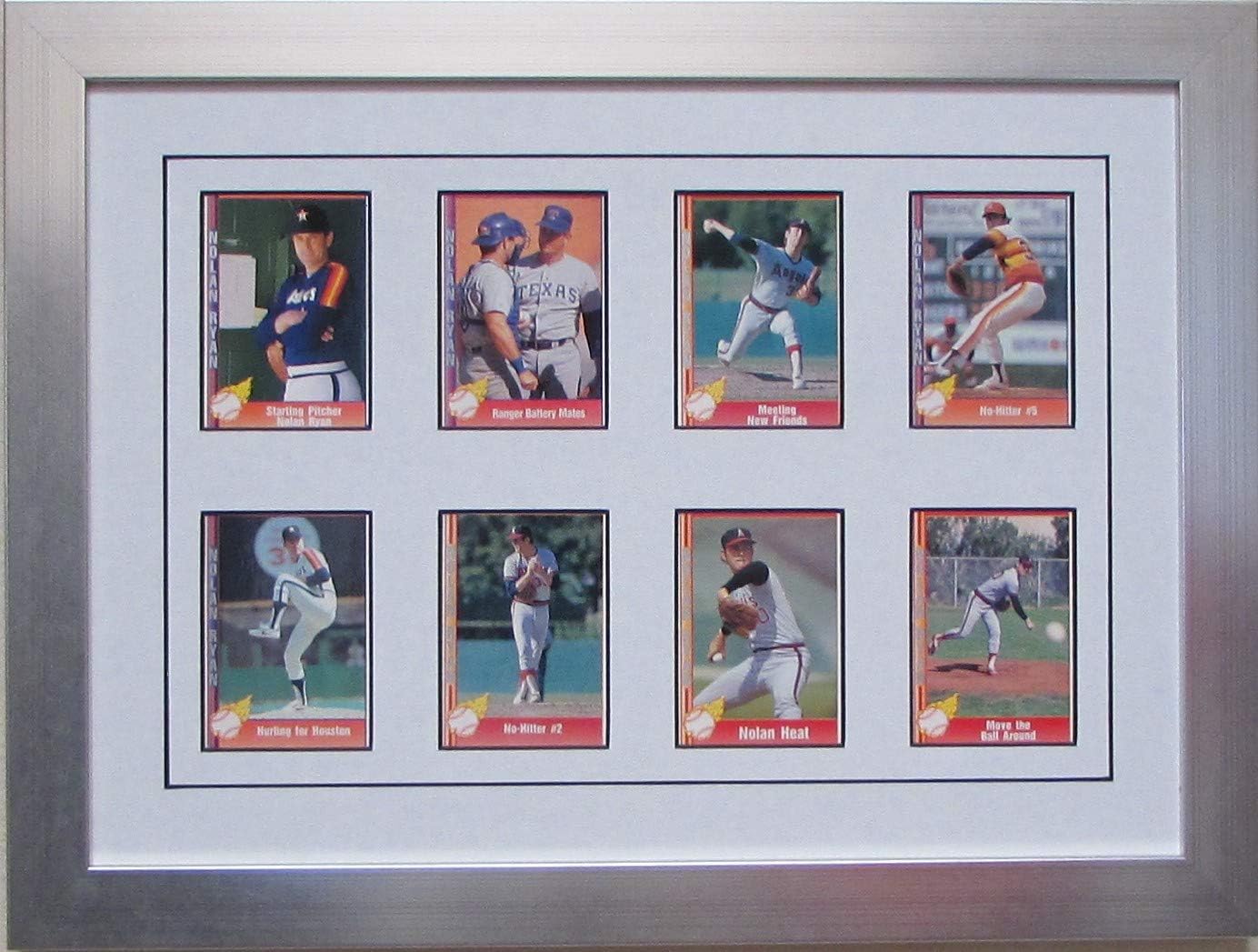 Trading Card Display Frame 8 Cards Brushed Silver Wood Frame with Matting and Card Mounts (White)
