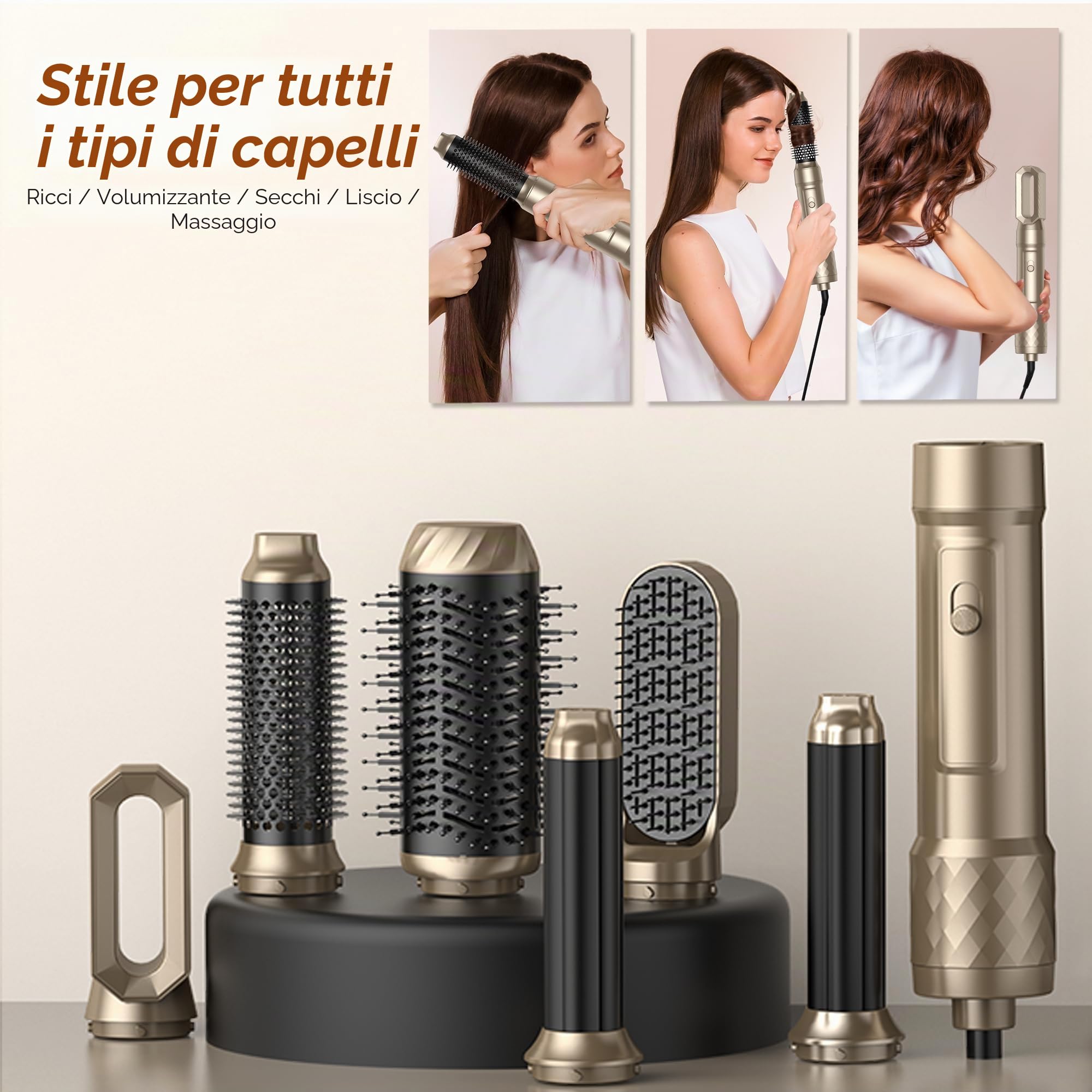 Pro Airstyler 6 in 1 - Spazzola Asciugacapelli con 1000 W asciugacapelli, Spazzola Soffiante, Airflow Ricci per Capelli, Spazzola ad Aria Calda, Spazzola Lisciante (Oro Classico)
