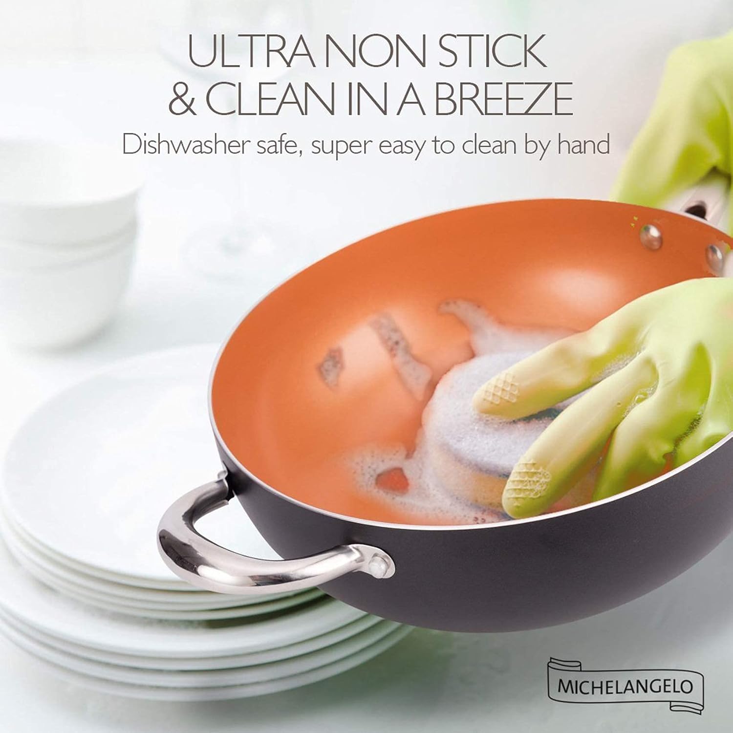 MICHELANGELO 5 Quart Nonstick Woks and Stir Fry Pans With Lid, Frying Basket & Steam Rack, Nonstick Copper Wok Pan With Lid, Ceramic Wok With Lid, Nonstick Frying Wok Flat Bottom, Induction Compatible: Home & Kitchen