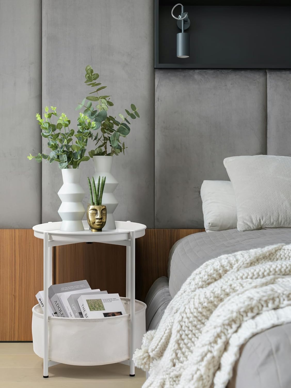 Round Side Table, White End Table with Storage Basket, Metal Night Stand with Removable Tray, Small Bedside Table for Living Room, Bedroom, Nursery (White)