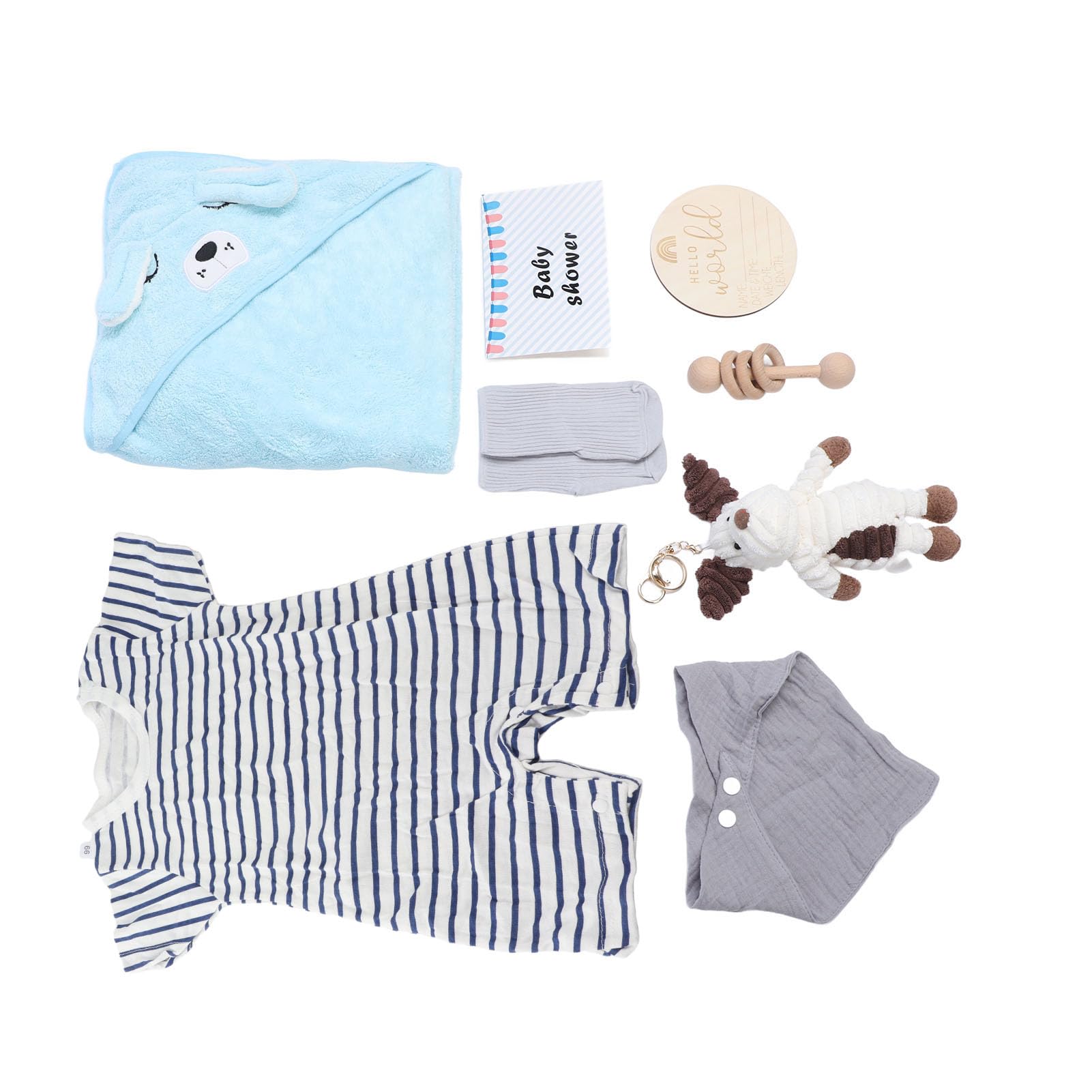 Jiawu Noworodek Prezenty na Baby Shower Zestaw Koszy dla Dziewczynek Chłopcy - Zawiera Urocze Ubranka dla Lalki Śliniaki Skarpetki Grzechotka Drewniana Zabawka i Kartka z życzeniami - Miękki Ręcznik