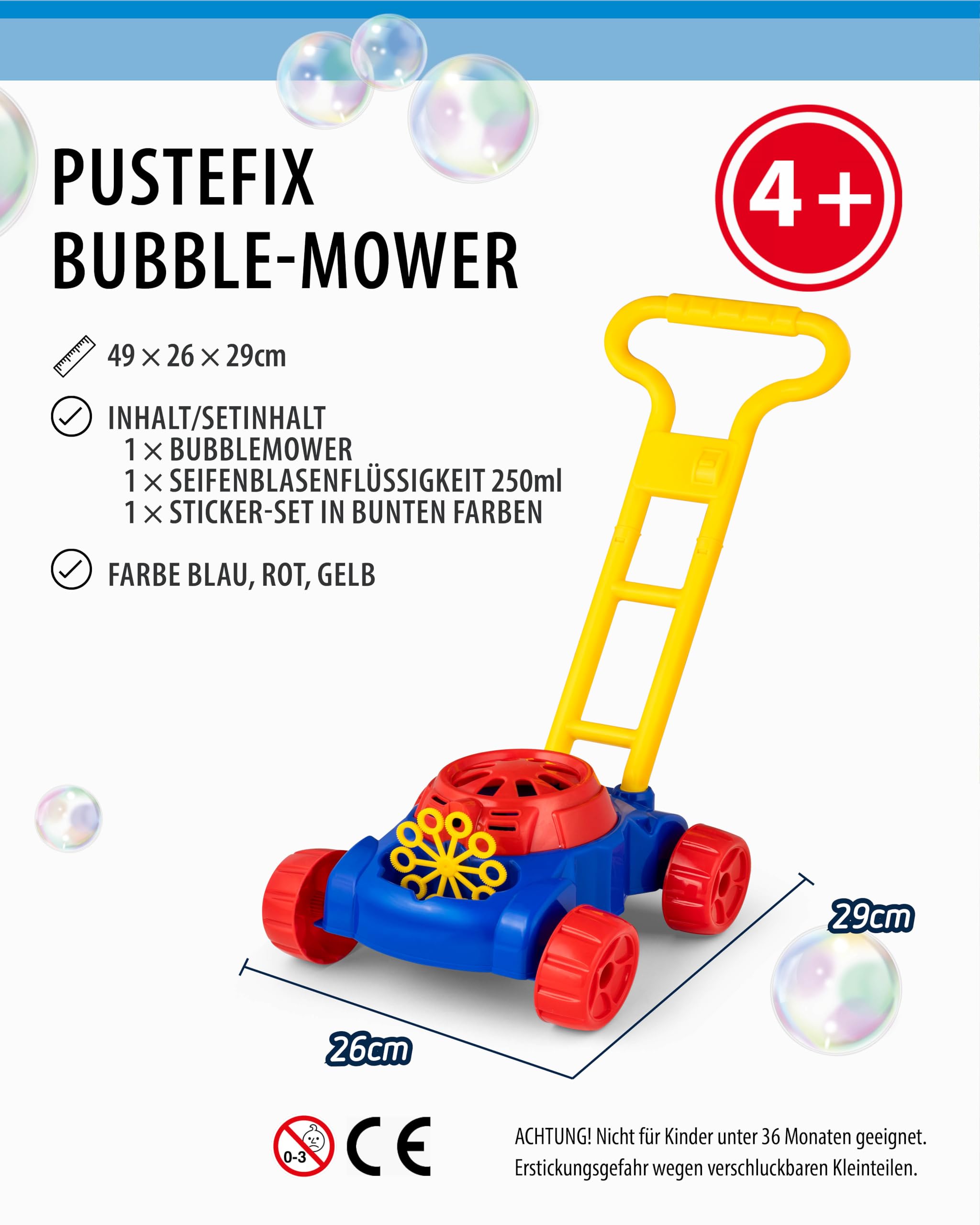 Pustefix Kosiarka Bubble-Mower I zabawka do baniek mydlanych na urodziny dziecka, wesele i letnie imprezy, kolorowe bańki dla dzieci i dorosłych