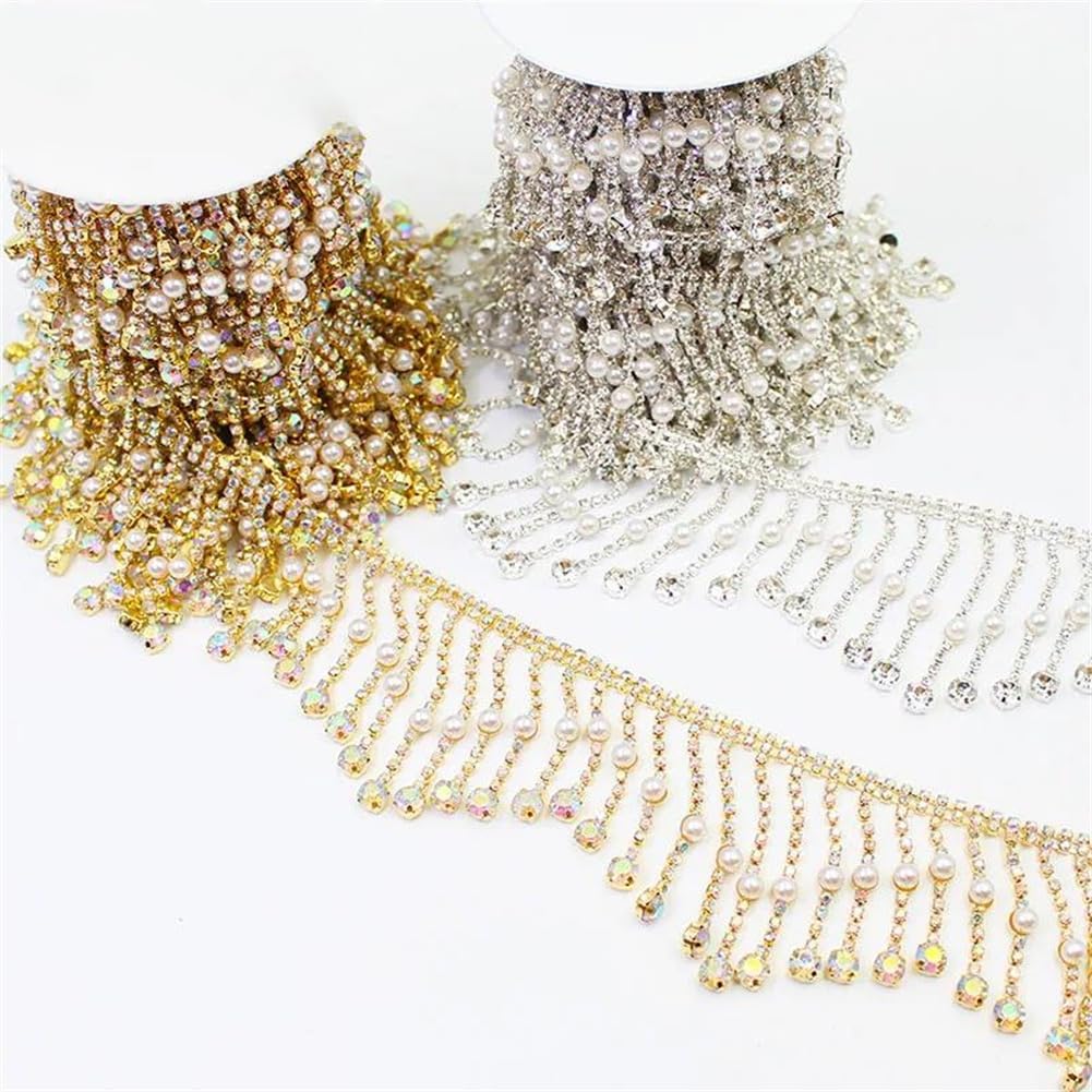 Generic 1/5Yards Clip Pearl Crystal Wave Metal Chain Rhinestone Fringe Trim Sewing On Clothing Shoes Bag Silver 5 Yards