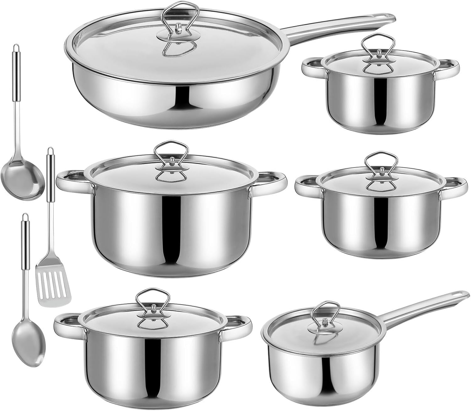 VANZACK 15pcs Stainless Steel Cookware Set with Saucepans and Frying Pans, Composite Bottom Induction Pots, Dishwasher Safe Kitchen Cooking Utensils Set for Home Use