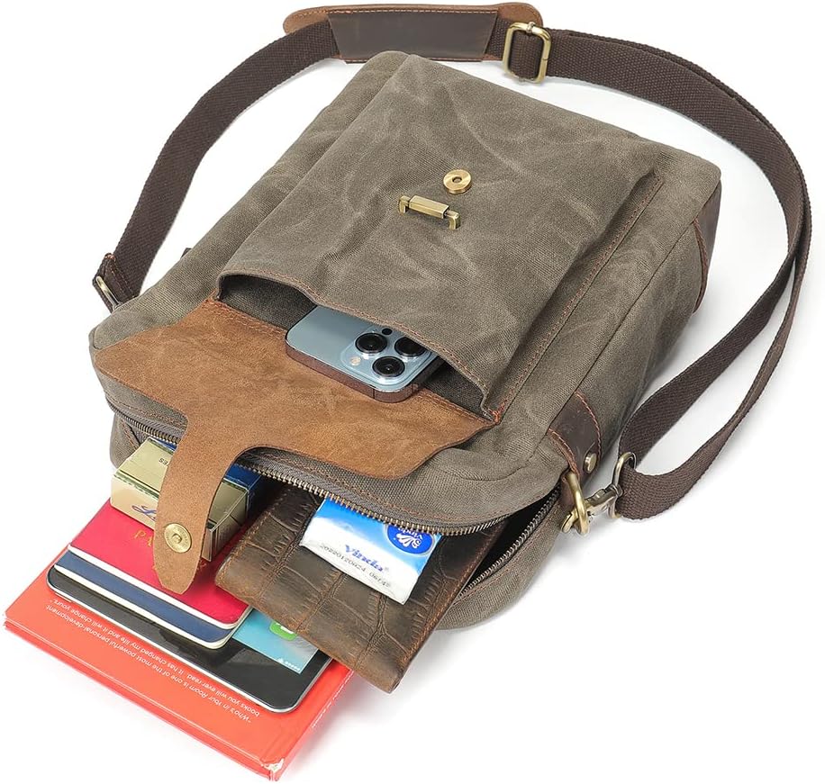 Vintage Waxed Canvas Messenger Bag for Men & Women, Lightweight Crossbody Sling Bag with Genuine Leather Work Satchel - Image 6