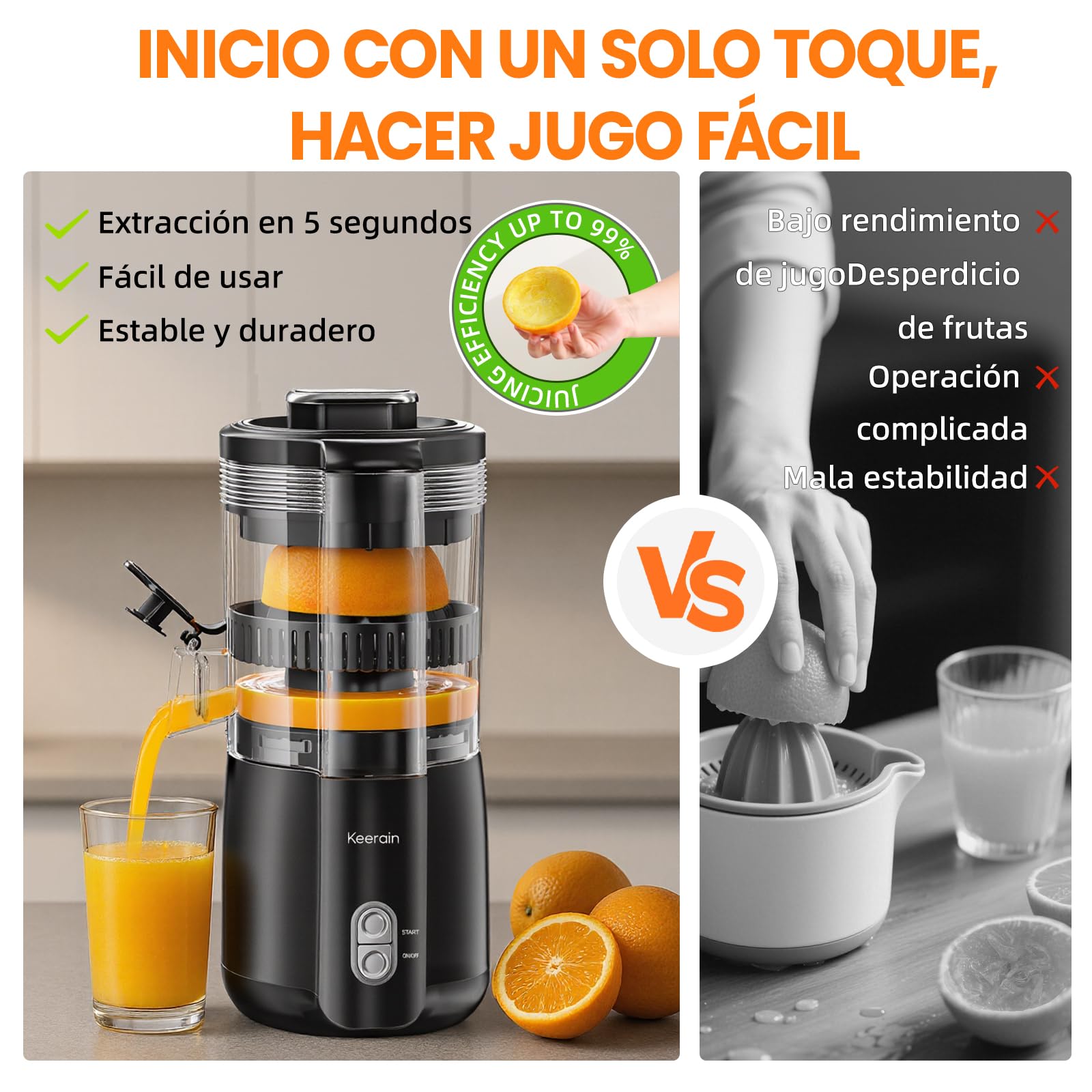 Keerain Exprimidor de Naranjas Eléctrico, Exprimidor Automático 100W, para Naranjas, Limas y Limones